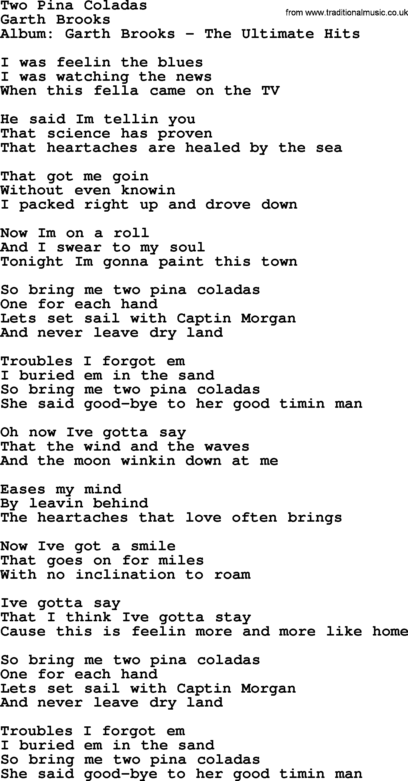 Garth Brooks song: Two Pina Colladas, lyrics