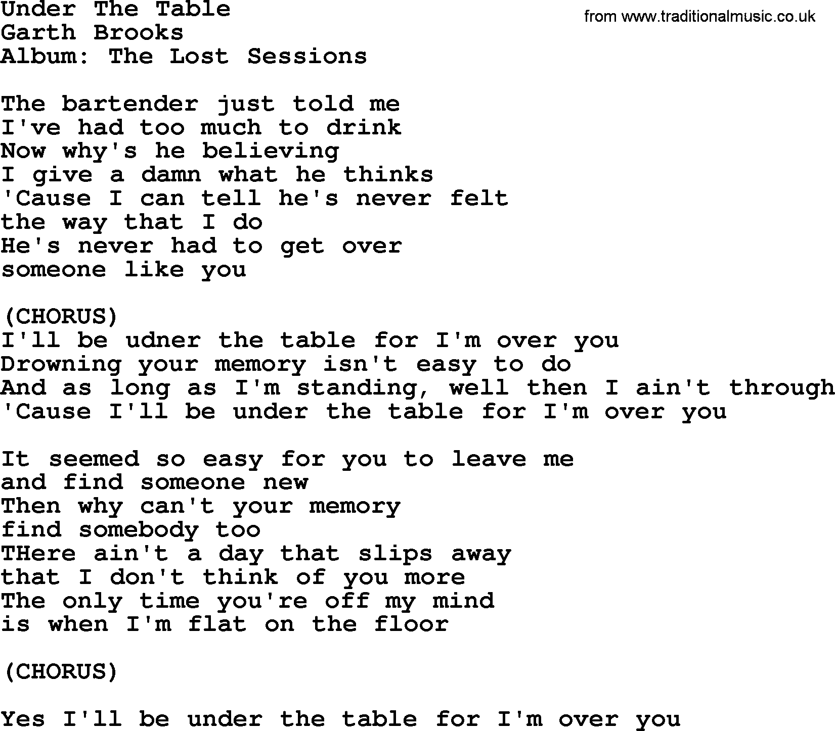 Garth Brooks song: Under The Table, lyrics