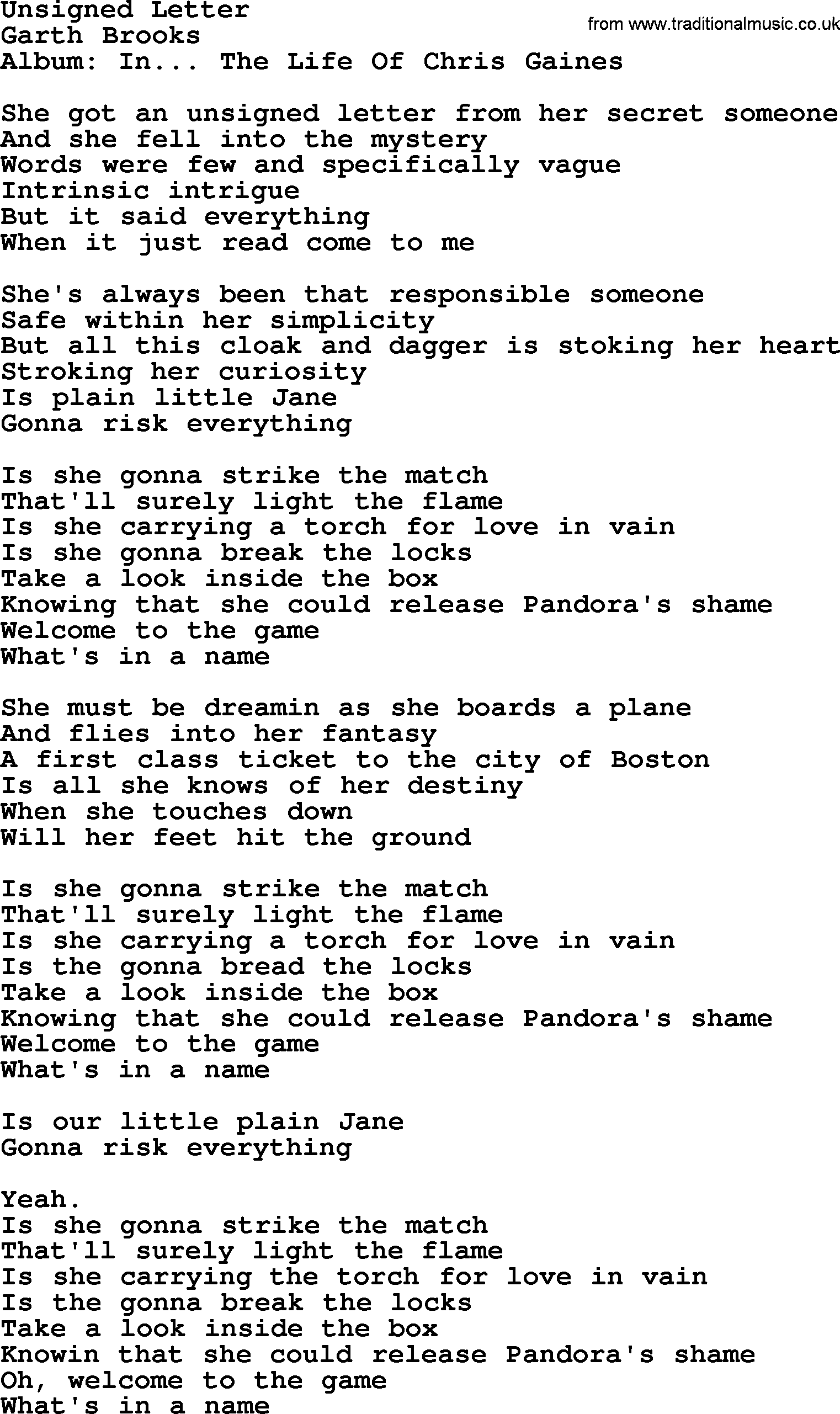 Garth Brooks song: Unsigned Letter, lyrics