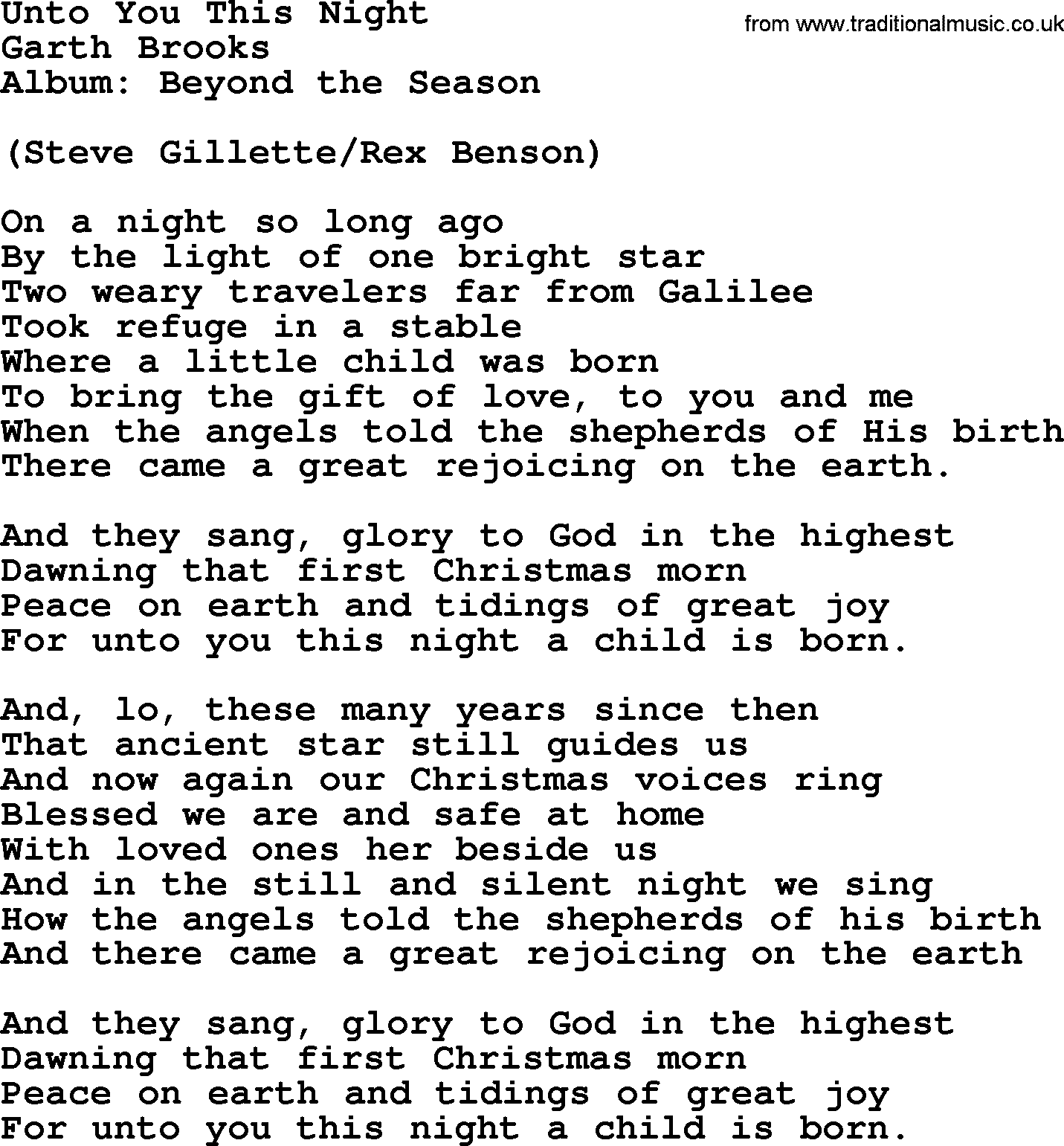 Garth Brooks song: Unto You This Night, lyrics