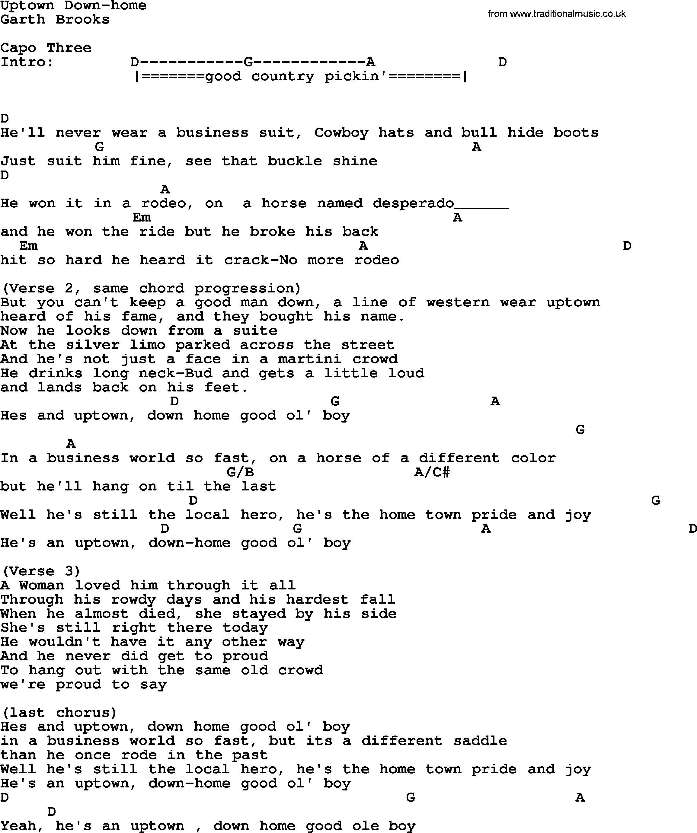 Garth Brooks song: Uptown Down-home, lyrics and chords