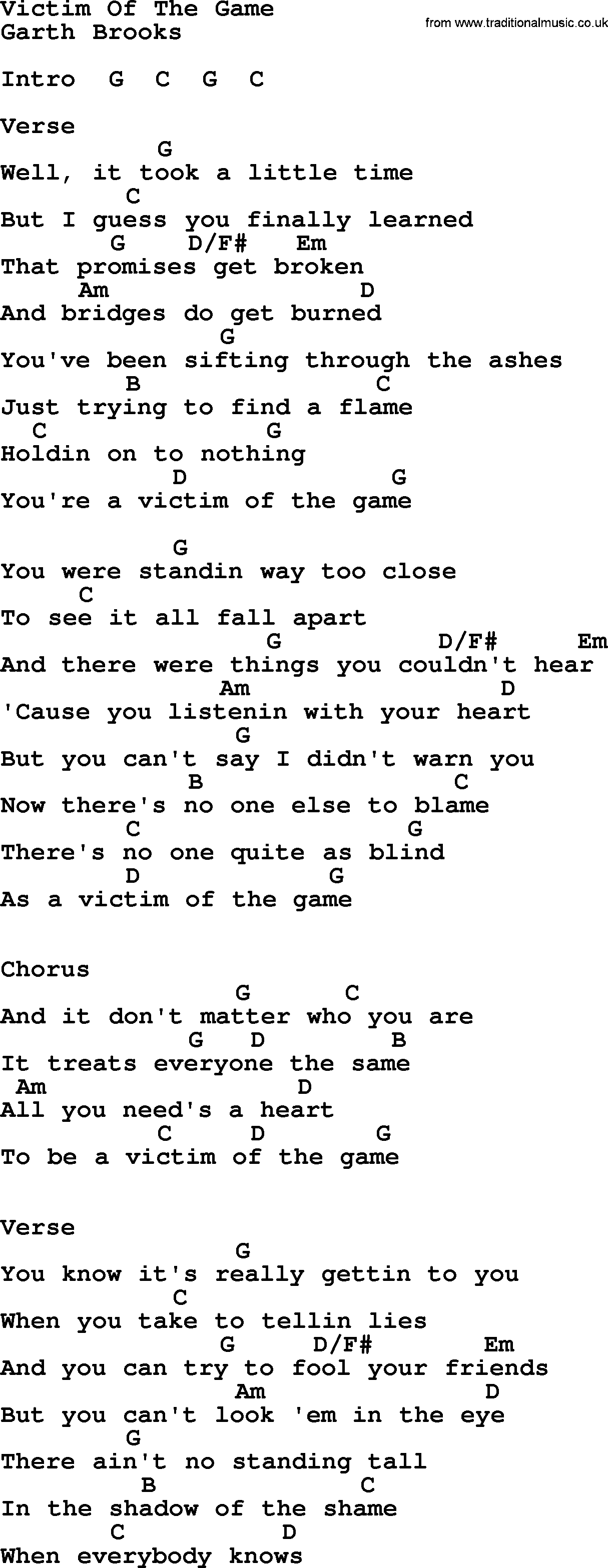 Garth Brooks song: Victim Of The Game, lyrics and chords