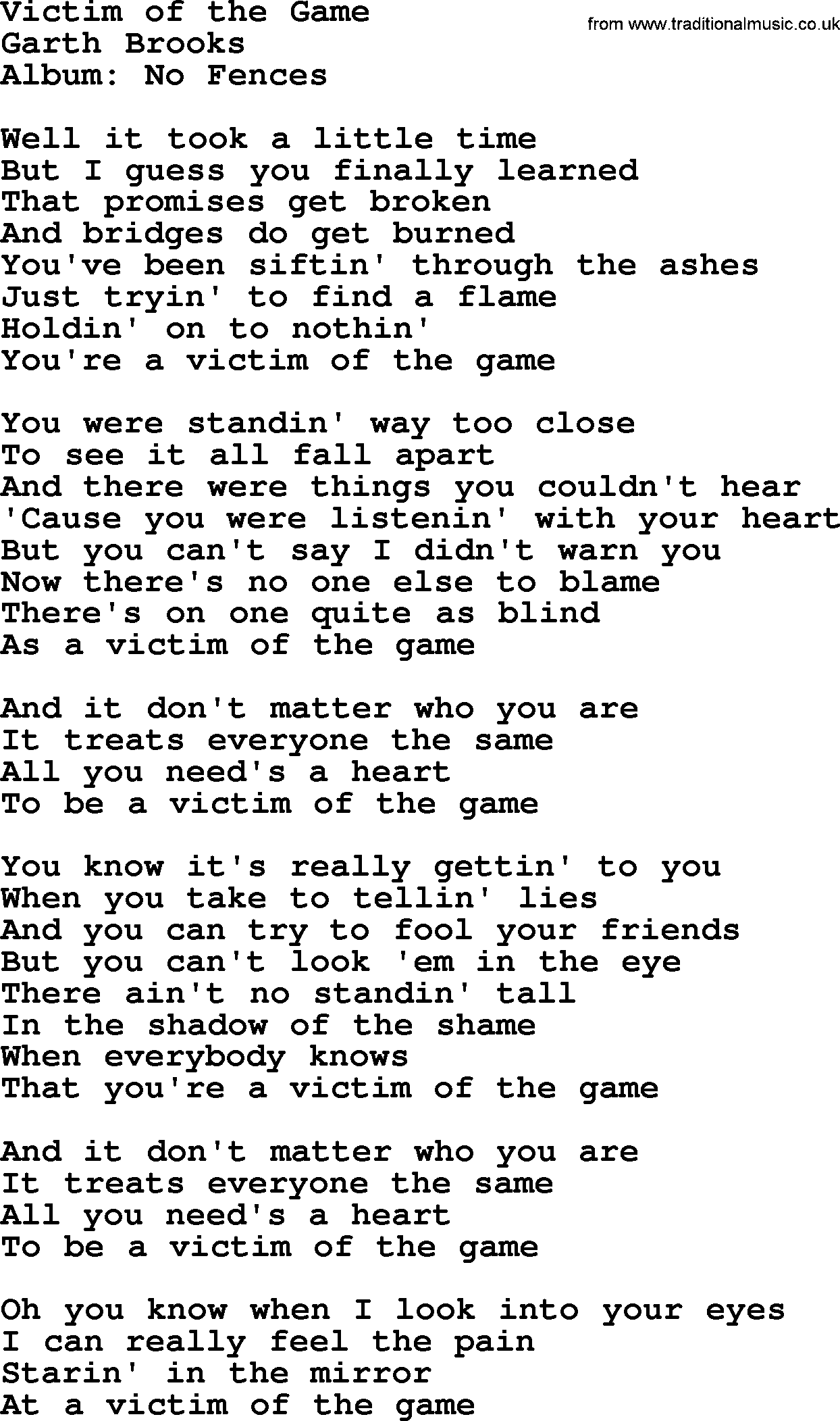 Garth Brooks song: Victim Of The Game, lyrics