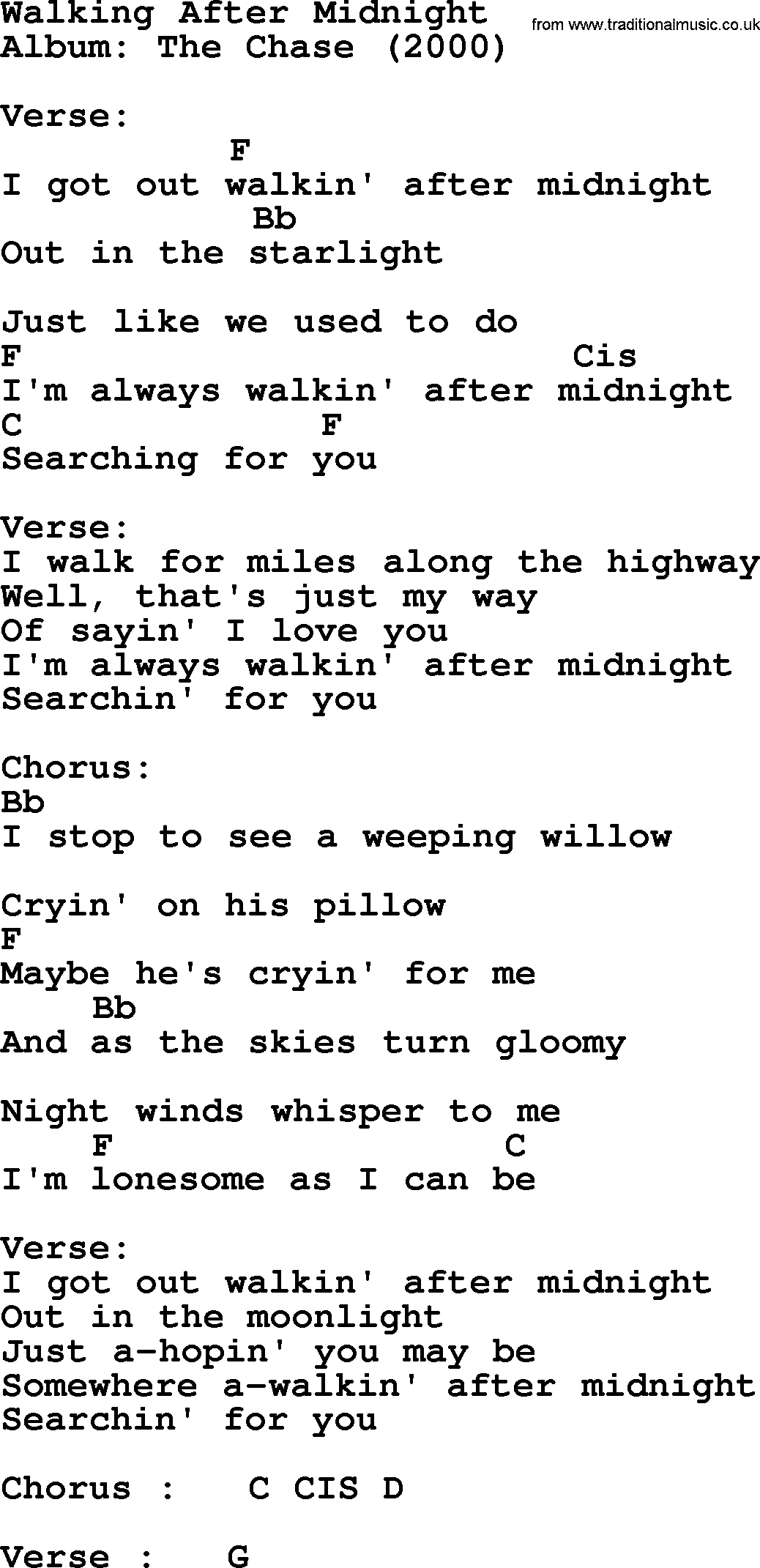 Garth Brooks song: Walking After Midnight, lyrics and chords