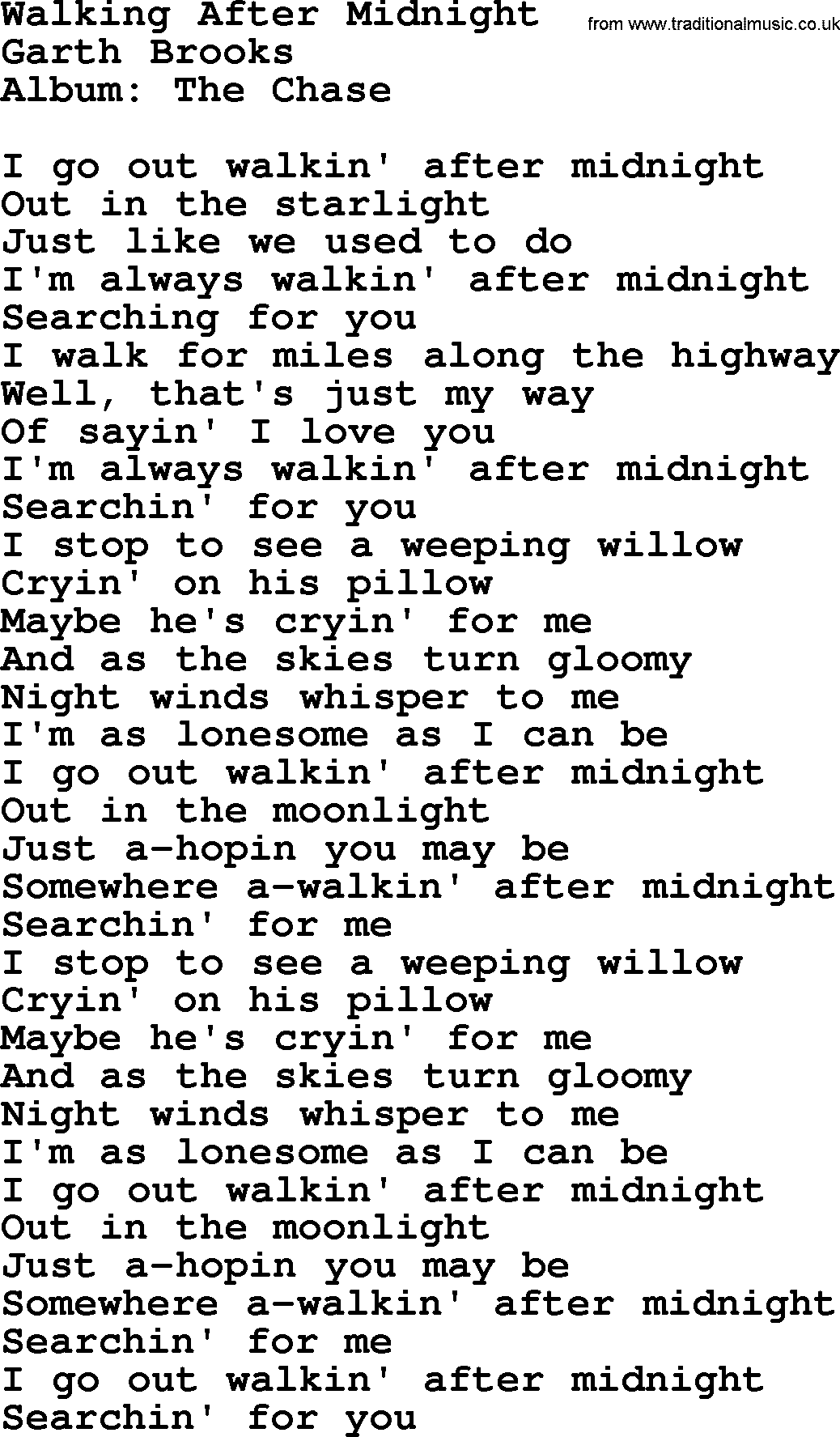 Garth Brooks song: Walking After Midnight, lyrics