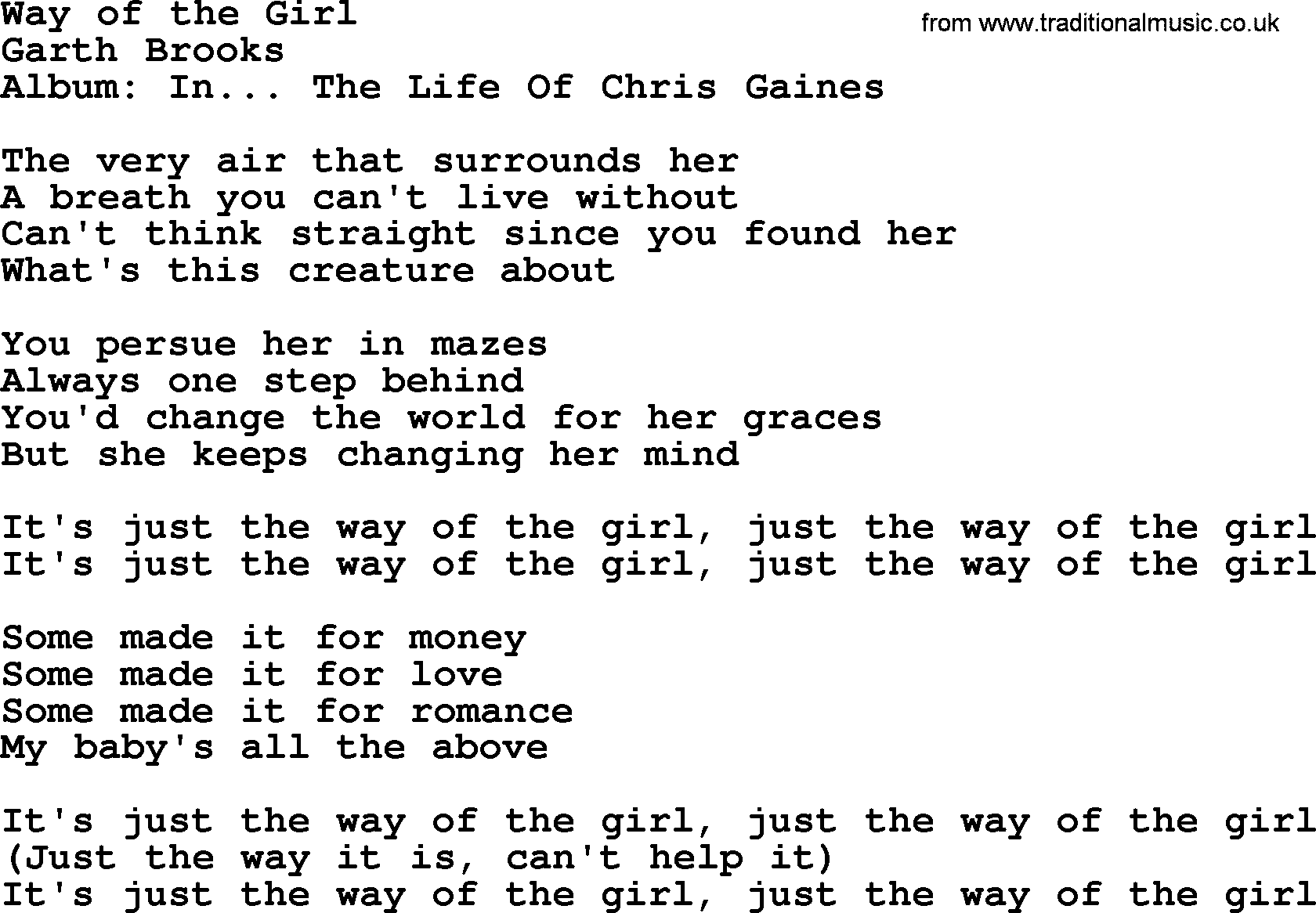 Garth Brooks song: Way Of The Girl, lyrics
