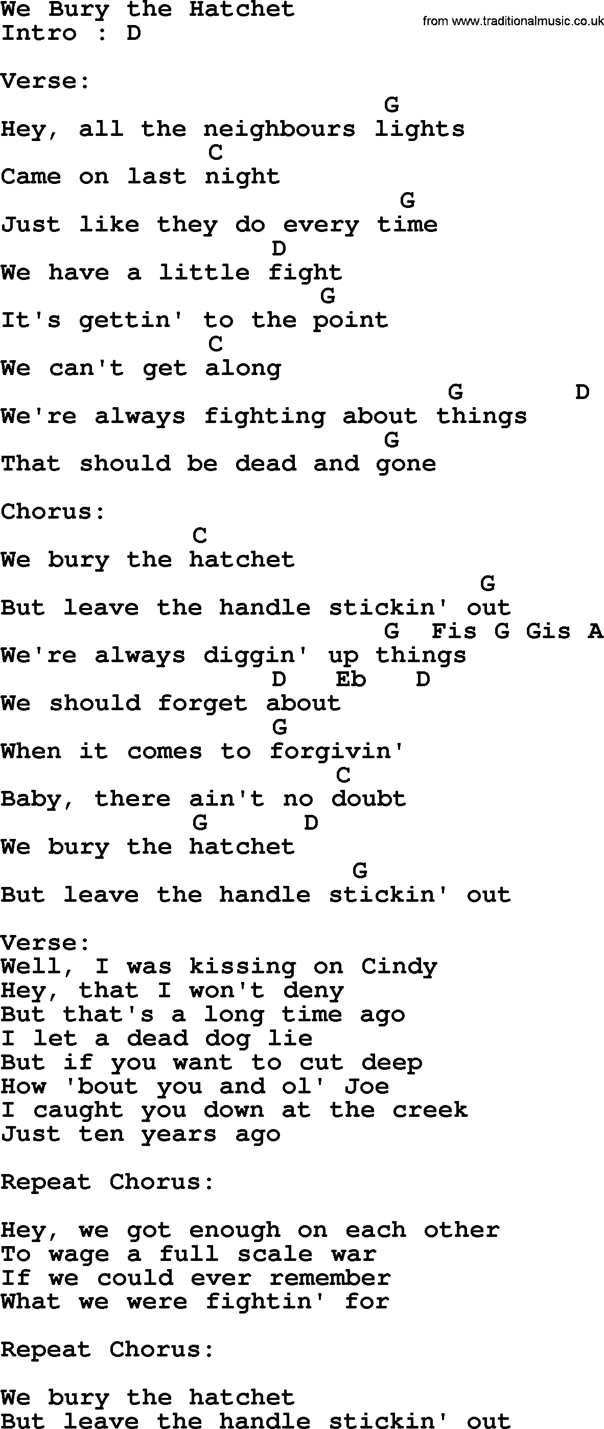 Garth Brooks song: We Bury The Hatchet, lyrics and chords