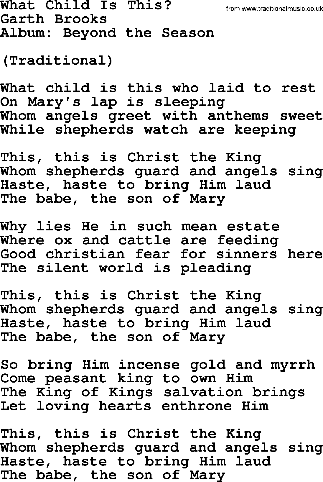 Garth Brooks song: What Child Is This, lyrics