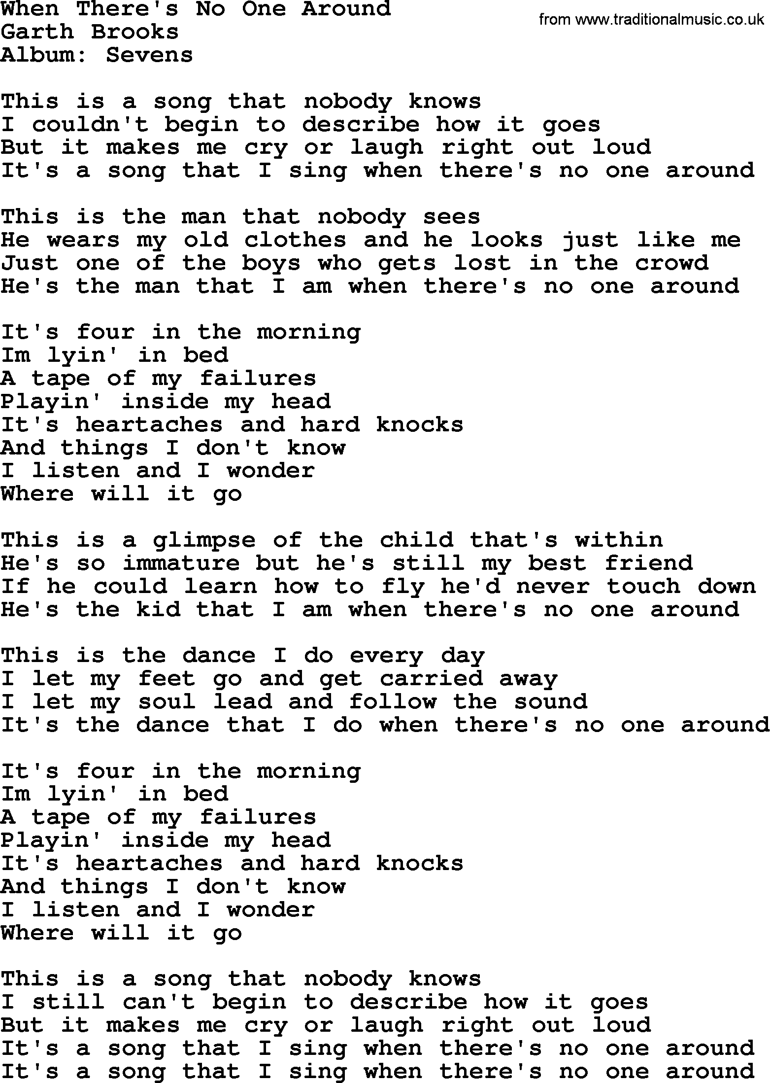 Garth Brooks song: When There's No One Around, lyrics