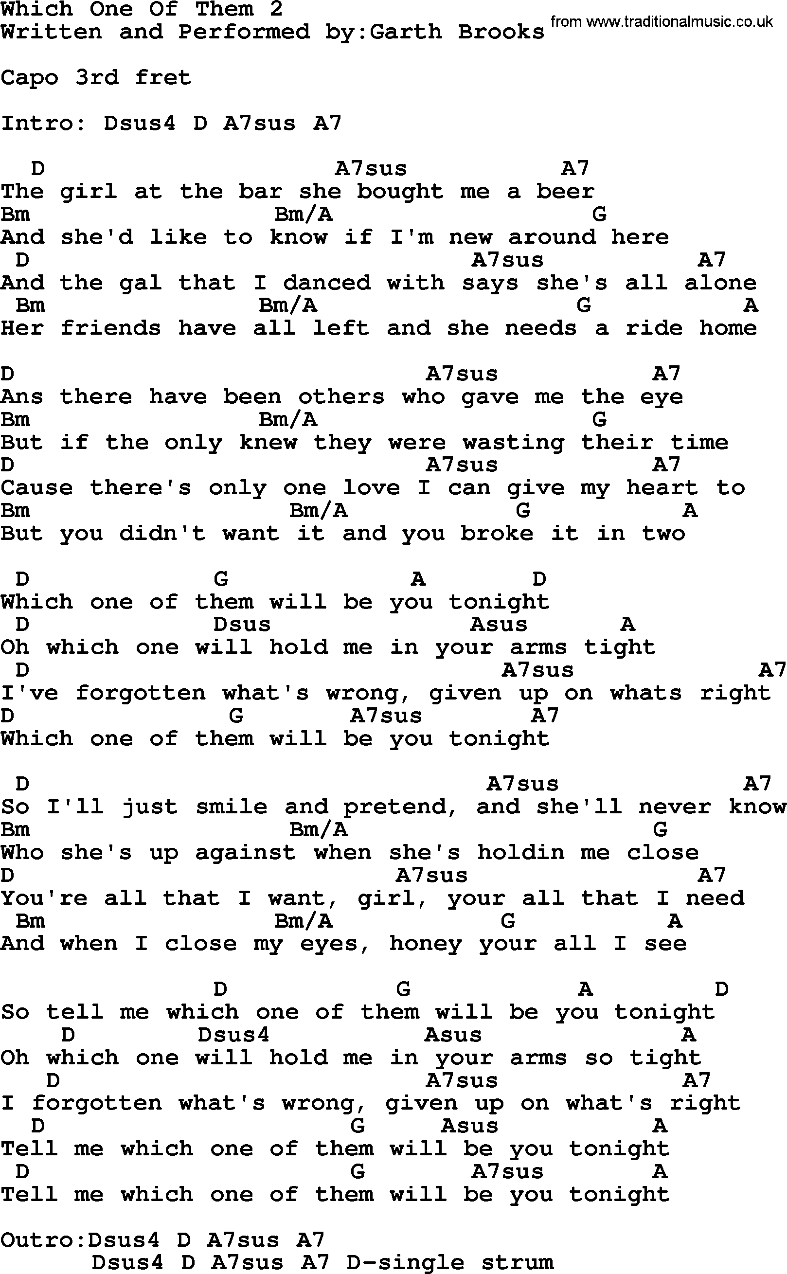 Garth Brooks song: Which One Of Them 2, lyrics and chords