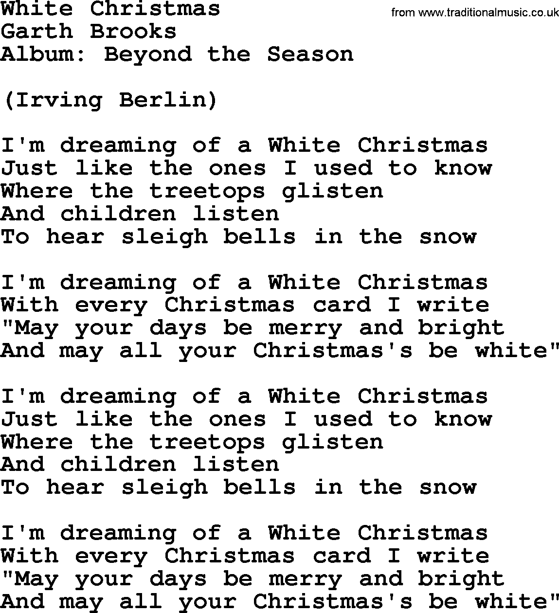 Garth Brooks song: White Christmas, lyrics