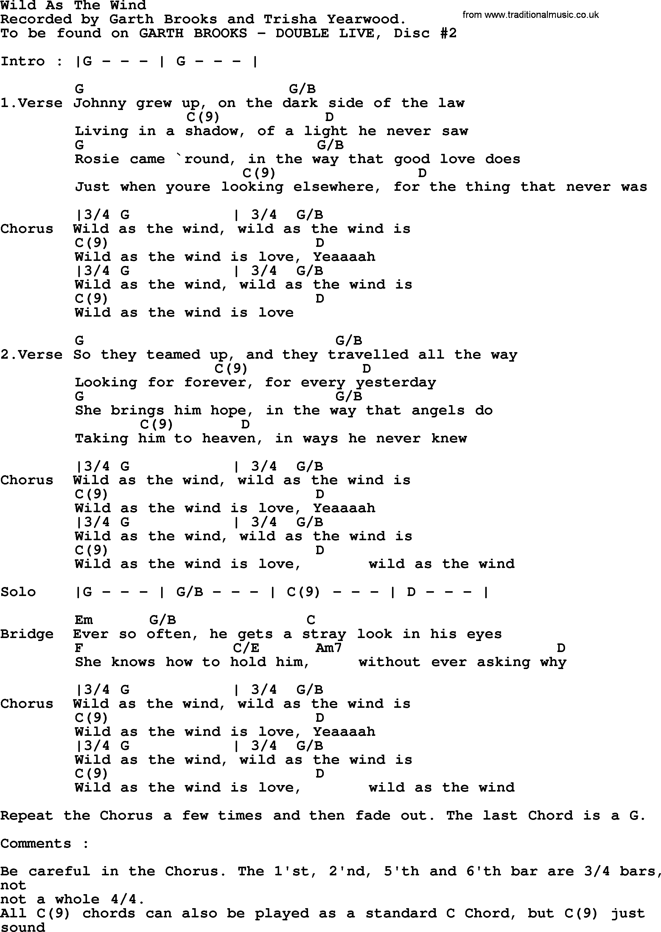 Garth Brooks song: Wild As The Wind, lyrics and chords
