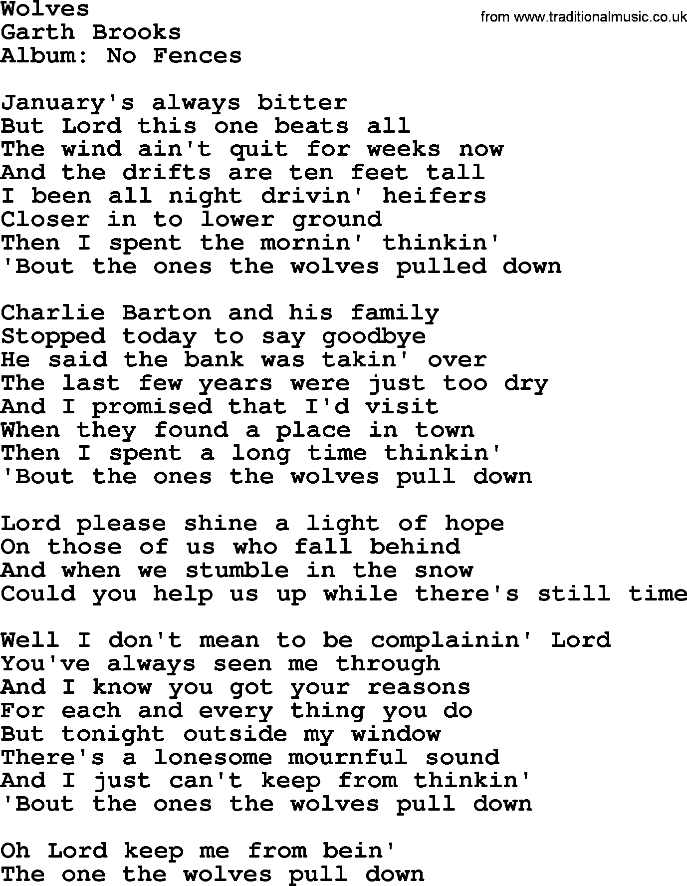 Garth Brooks song: Wolves, lyrics