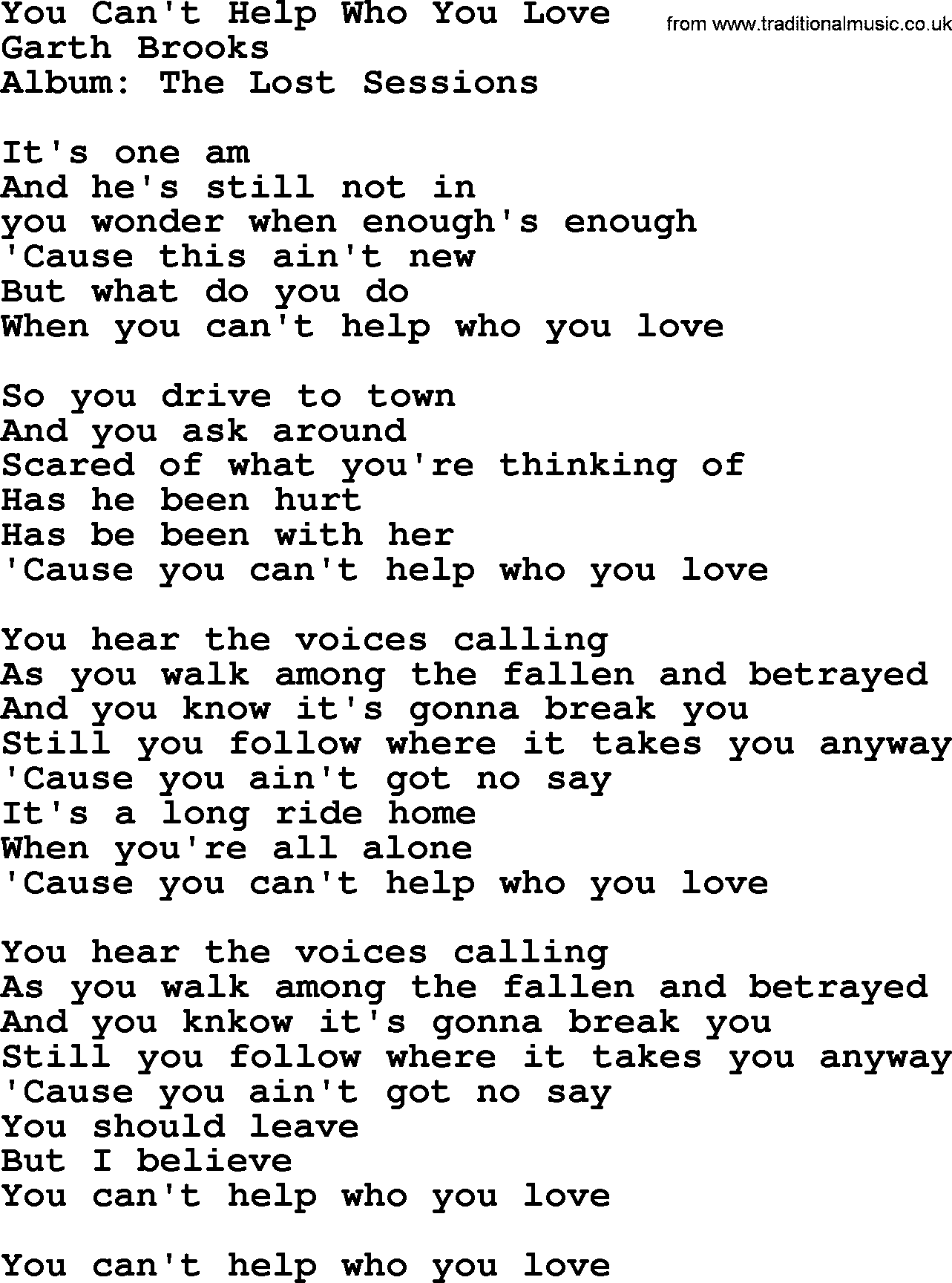 Garth Brooks song: You Can't Help Who You Love, lyrics