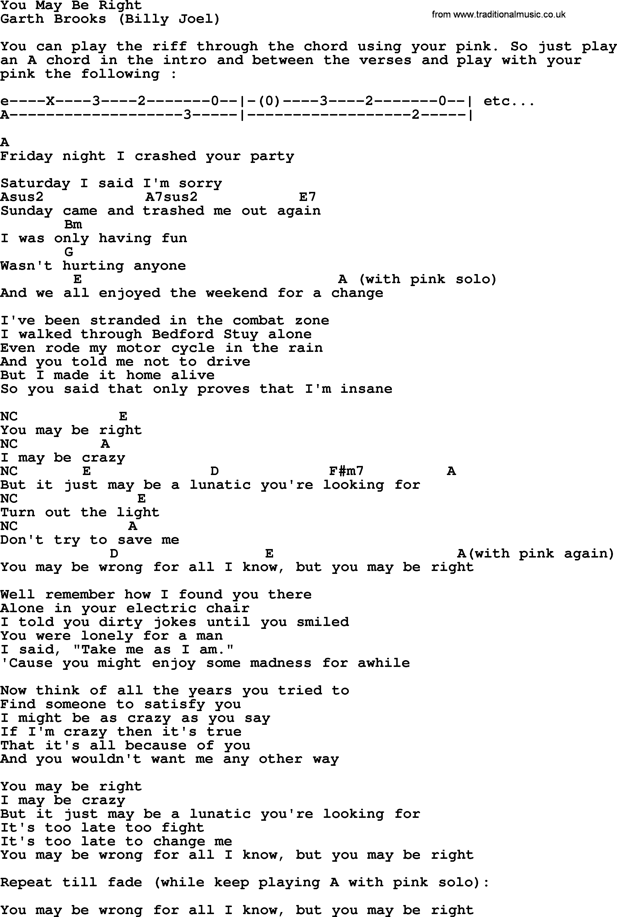 Garth Brooks song: You May Be Right, lyrics and chords