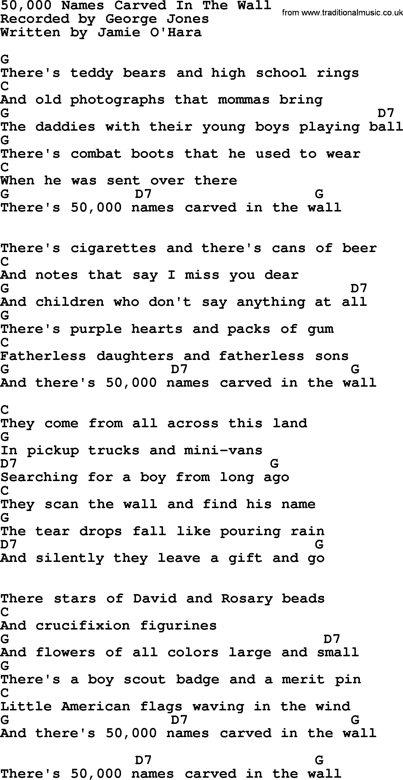 George Jones song: 50,000 Names Carved In The Wall, lyrics and chords