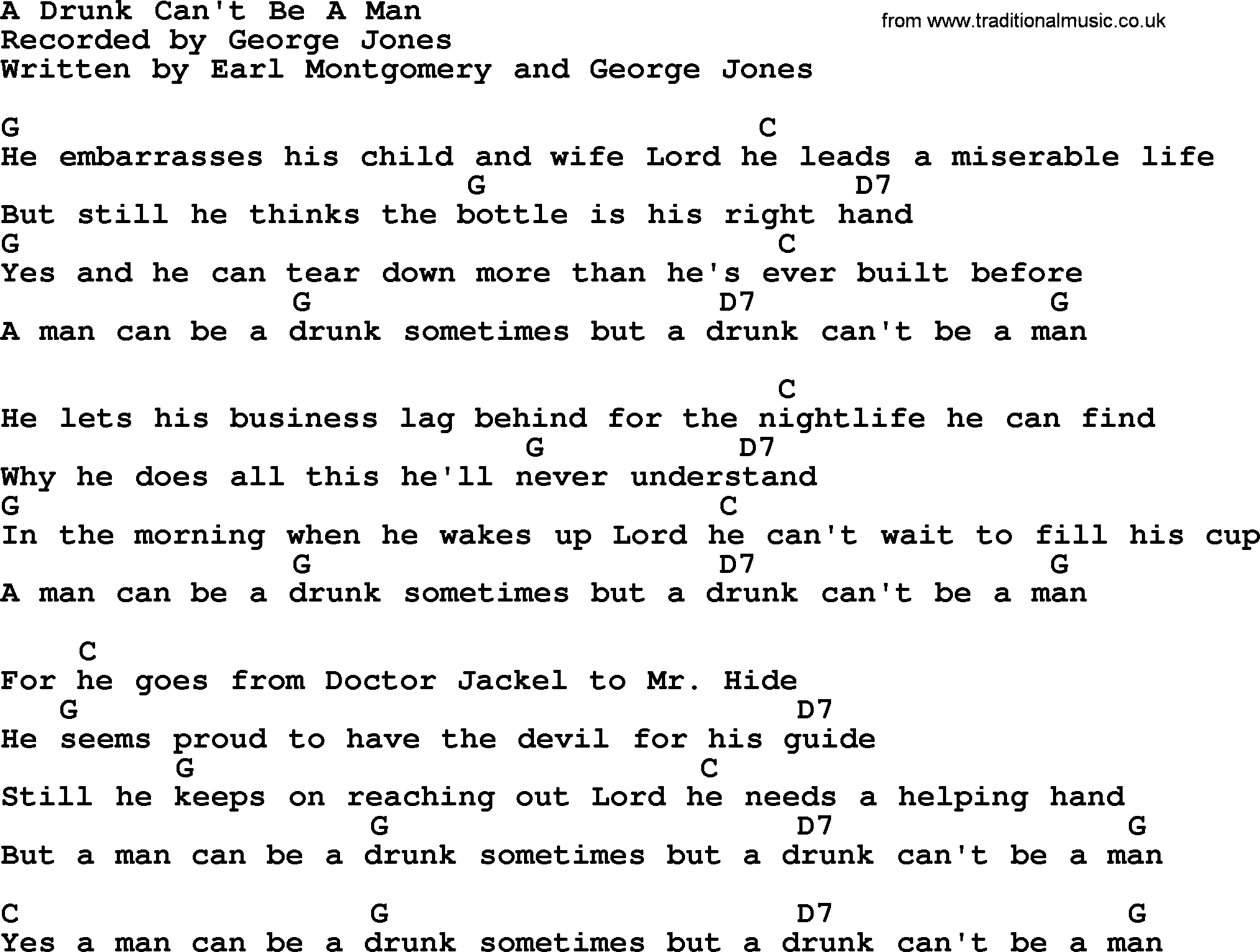 George Jones song: A Drunk Can't Be A Man, lyrics and chords