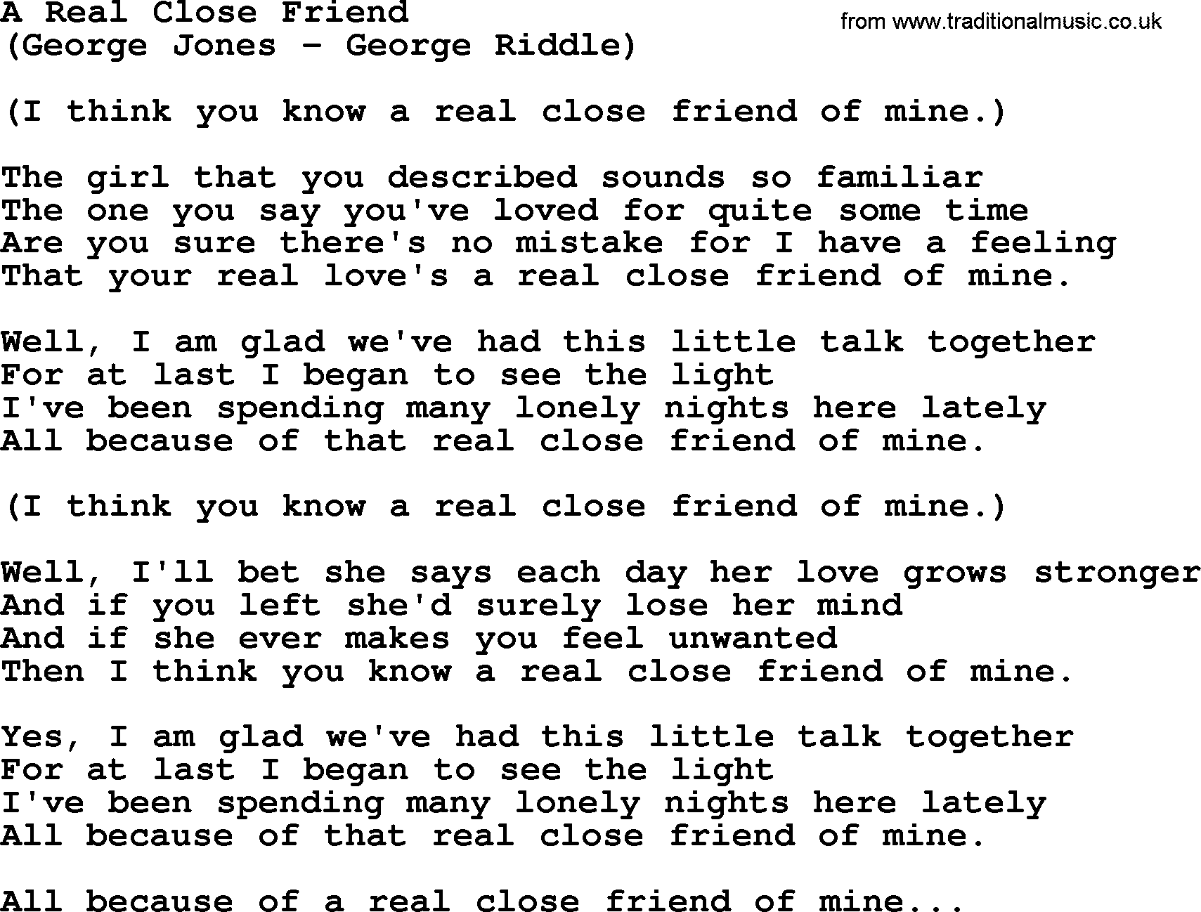 George Jones song: A Real Close Friend, lyrics