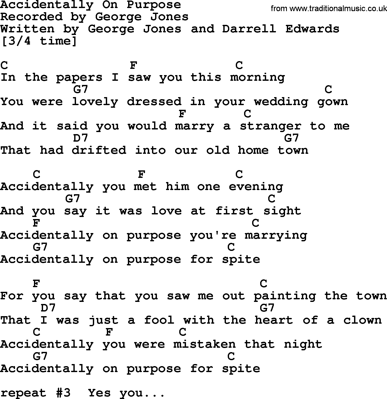 George Jones song: Accidentally On Purpose, lyrics and chords