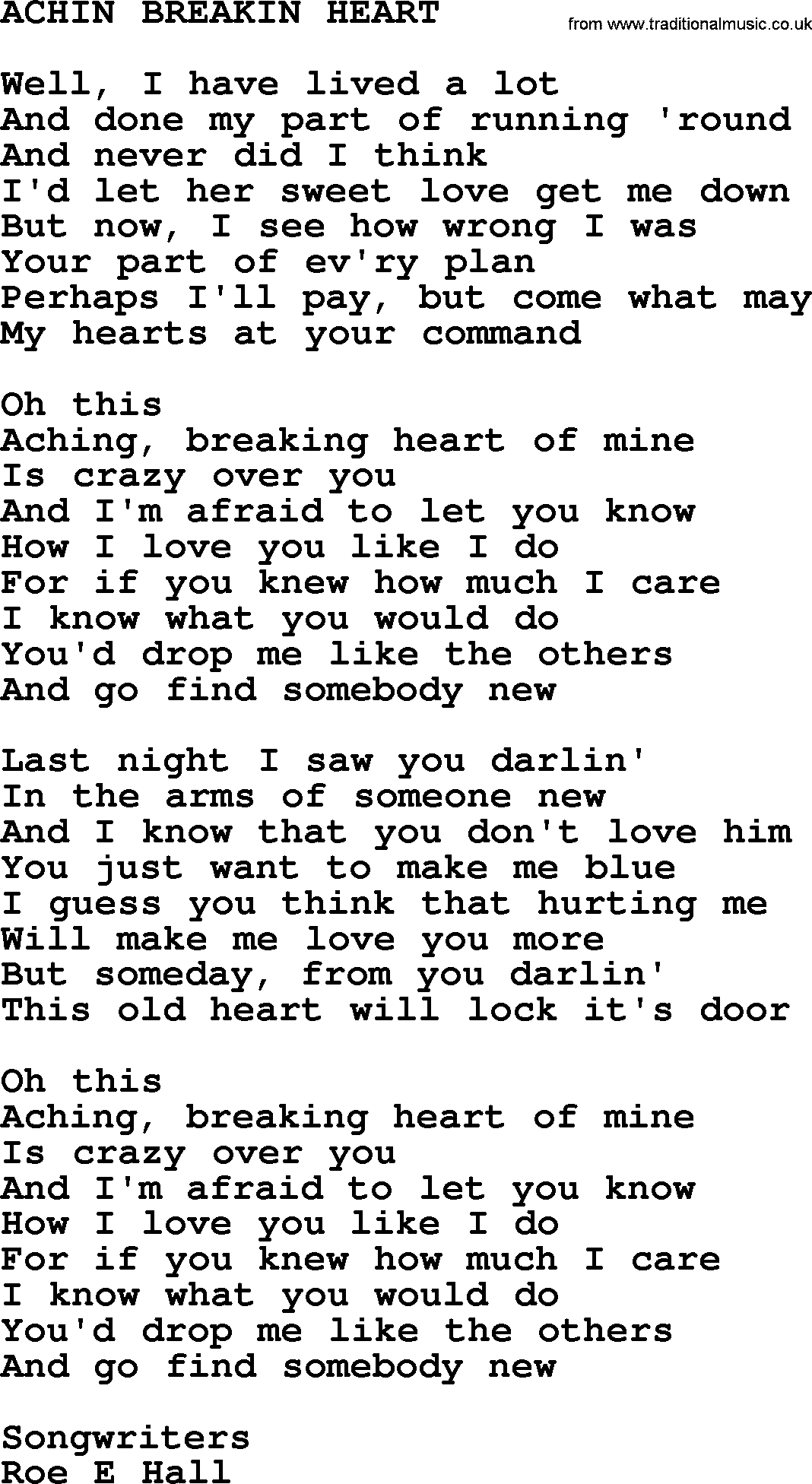 George Jones song: Achin Breakin Heart, lyrics