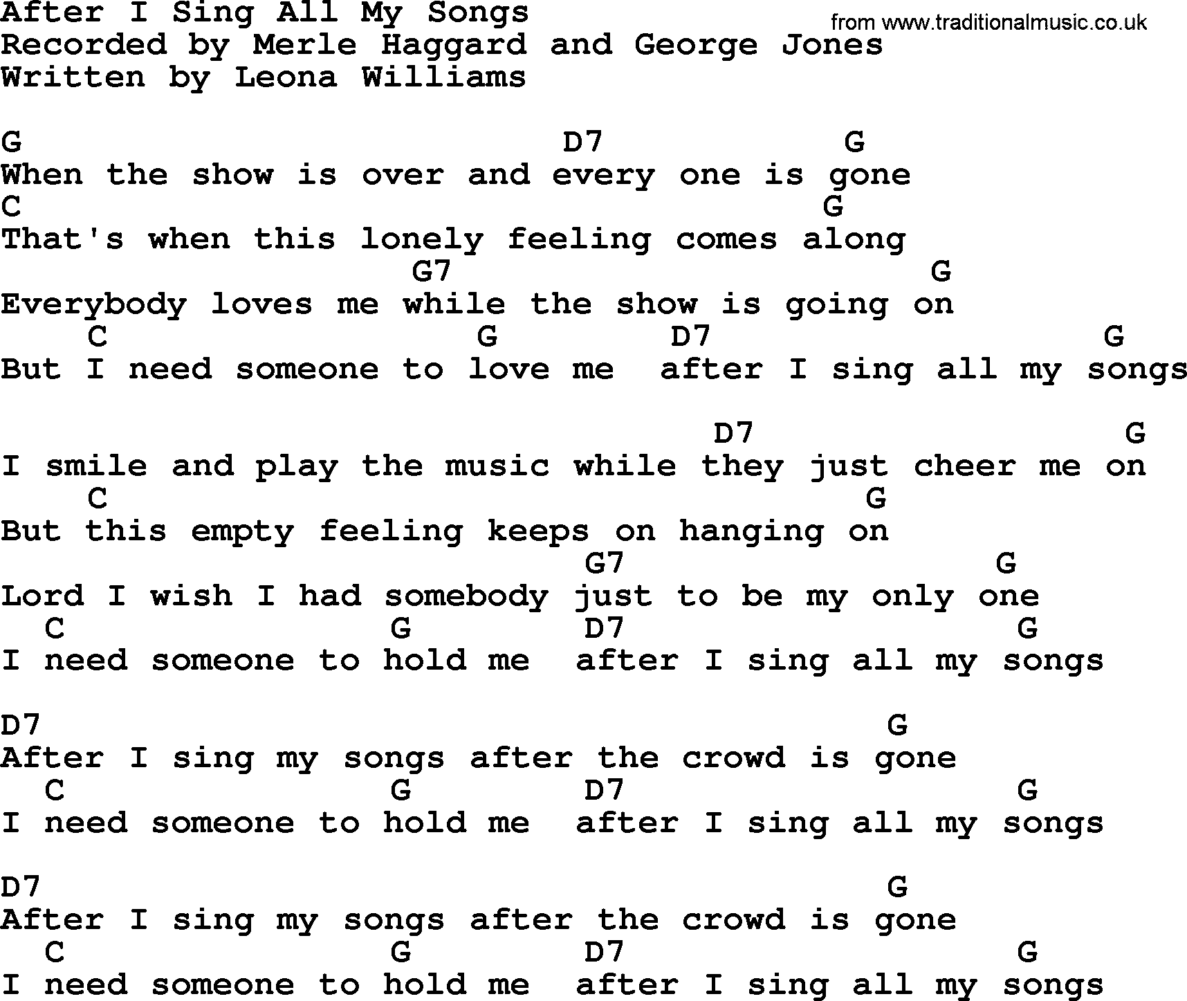 George Jones song: After I Sing All My Songs, lyrics and chords