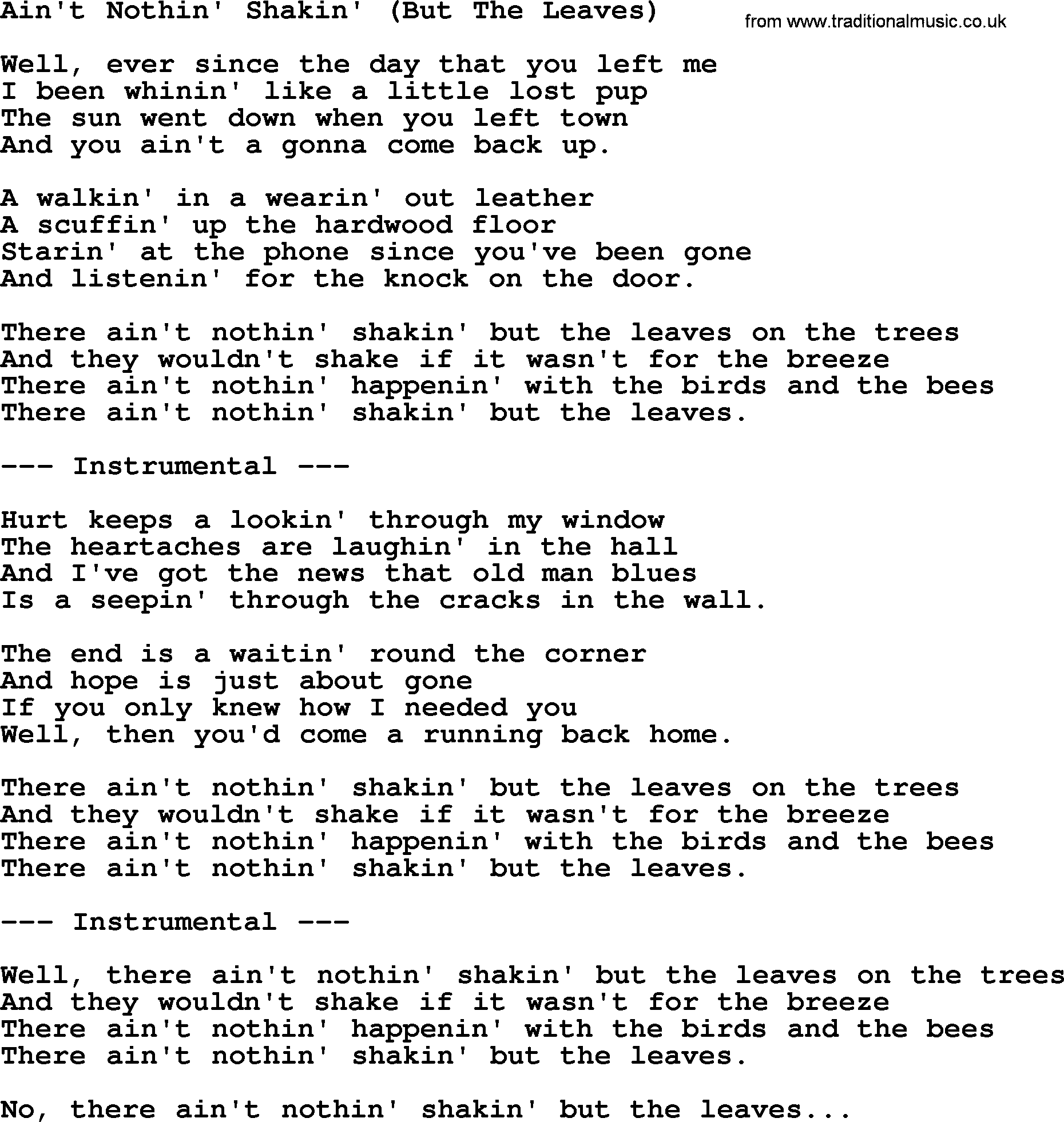 George Jones song: Ain't Nothin' Shakin' (but The Leaves), lyrics