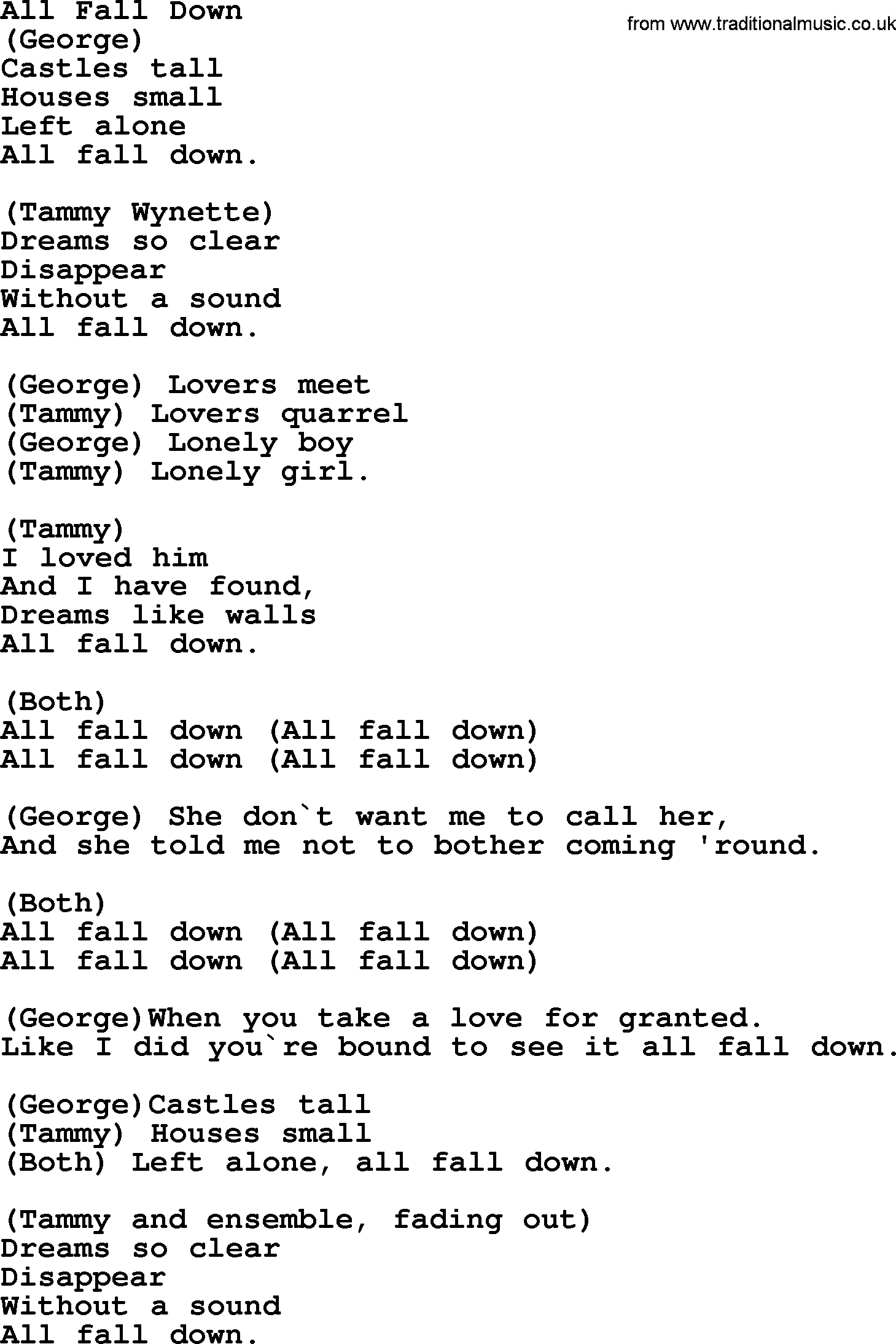 George Jones song: All Fall Down, lyrics