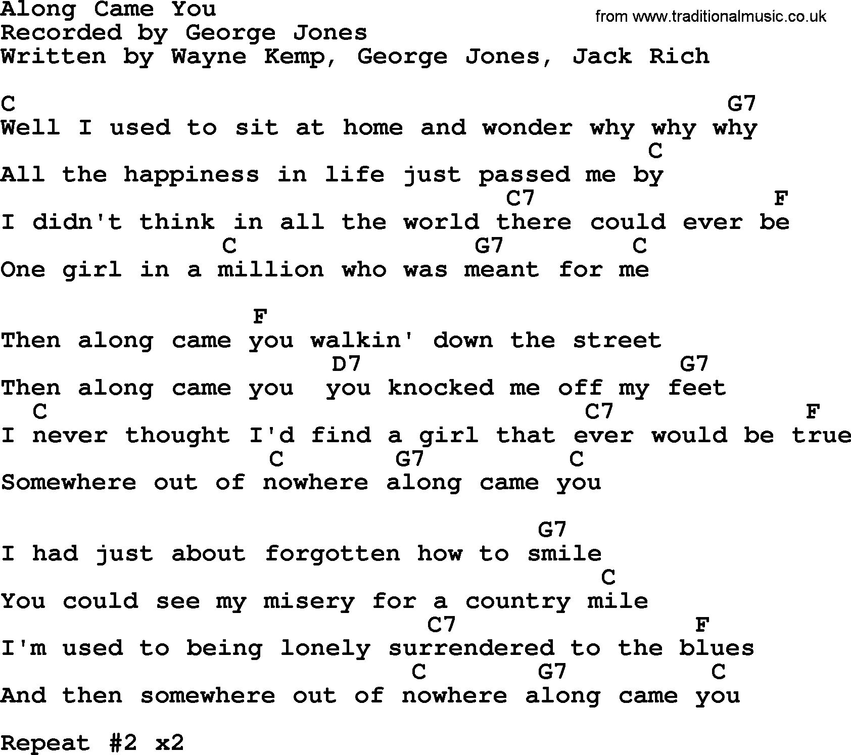 George Jones song: Along Came You, lyrics and chords