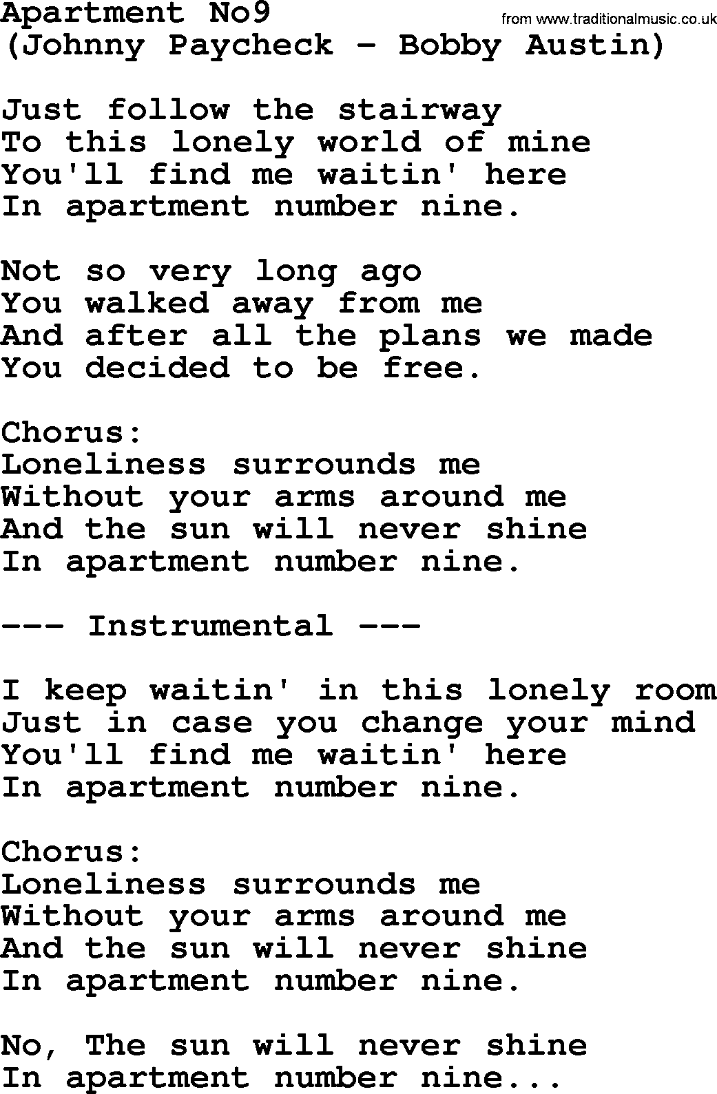 George Jones song: Apartment No9, lyrics