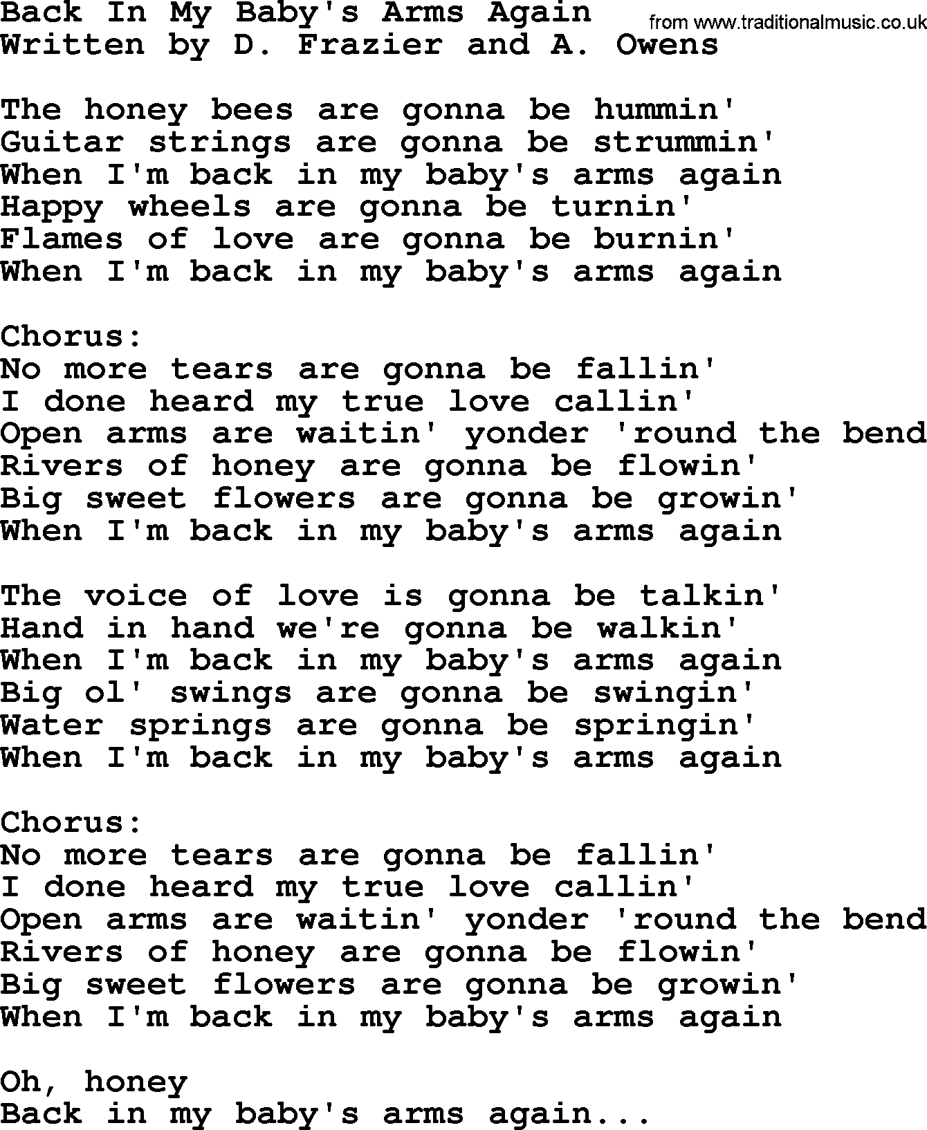 George Jones song: Back In My Baby's Arms Again, lyrics
