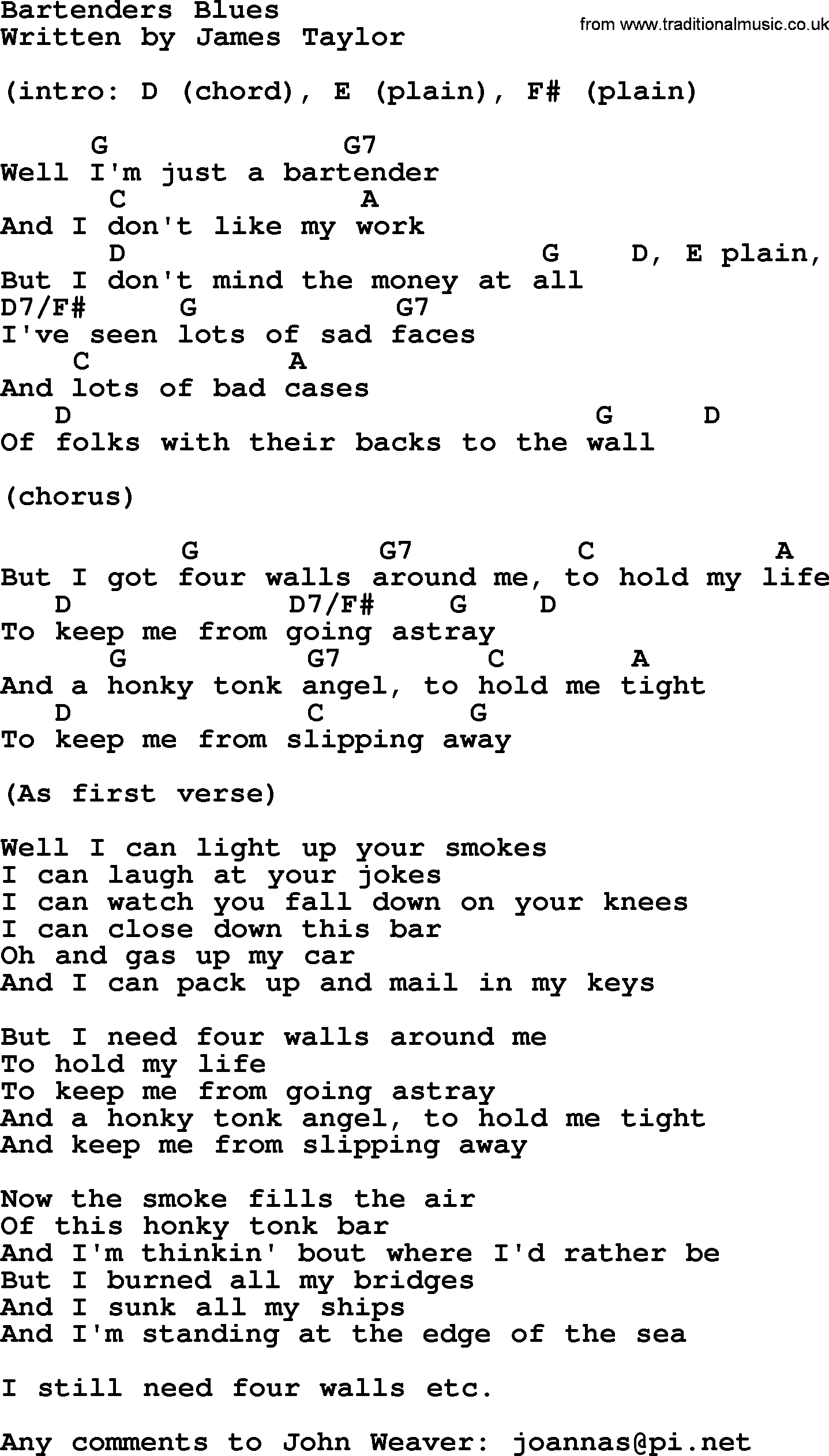 George Jones song: Bartenders Blues, lyrics and chords