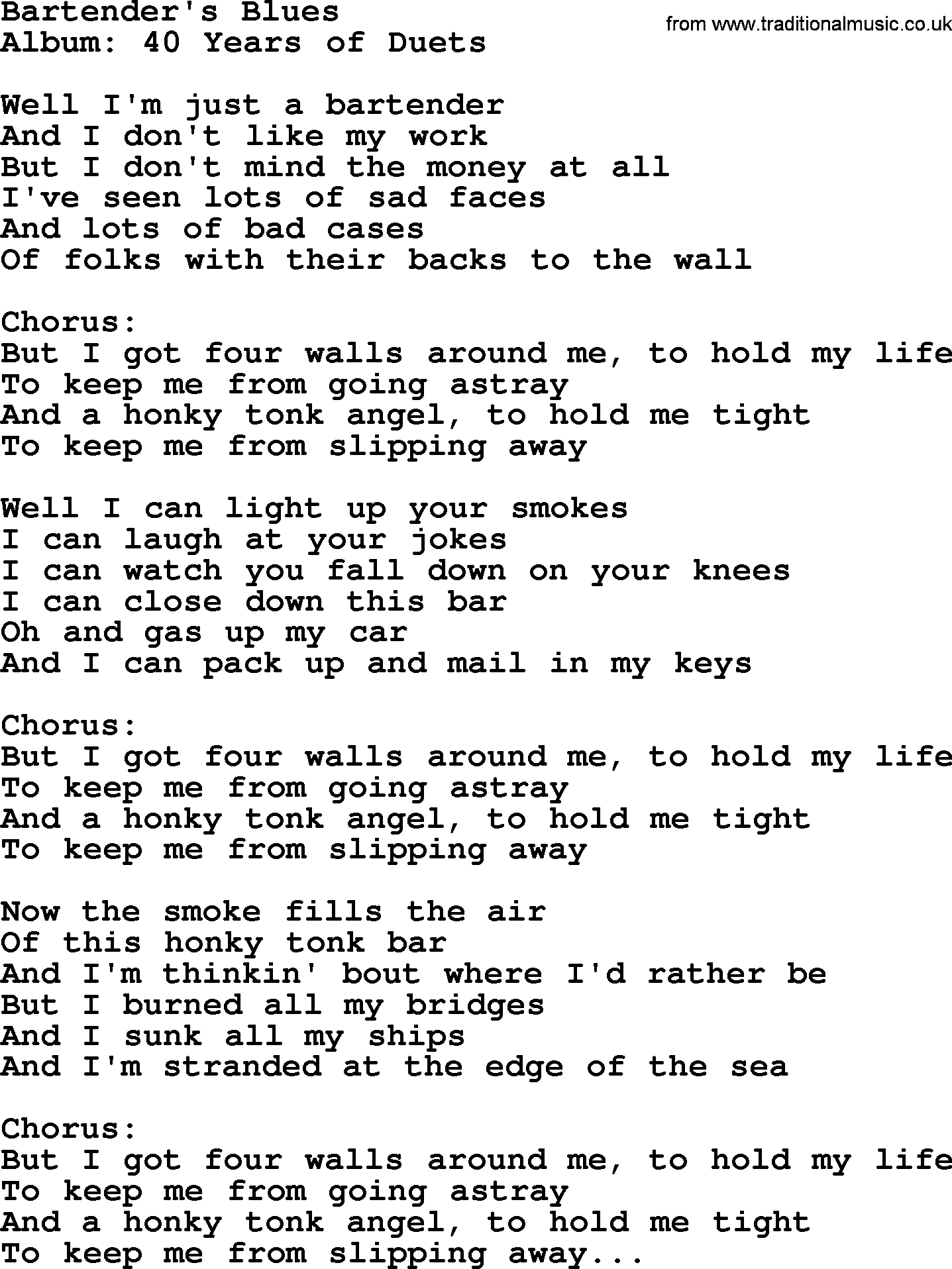 George Jones song: Bartender's Blues, lyrics