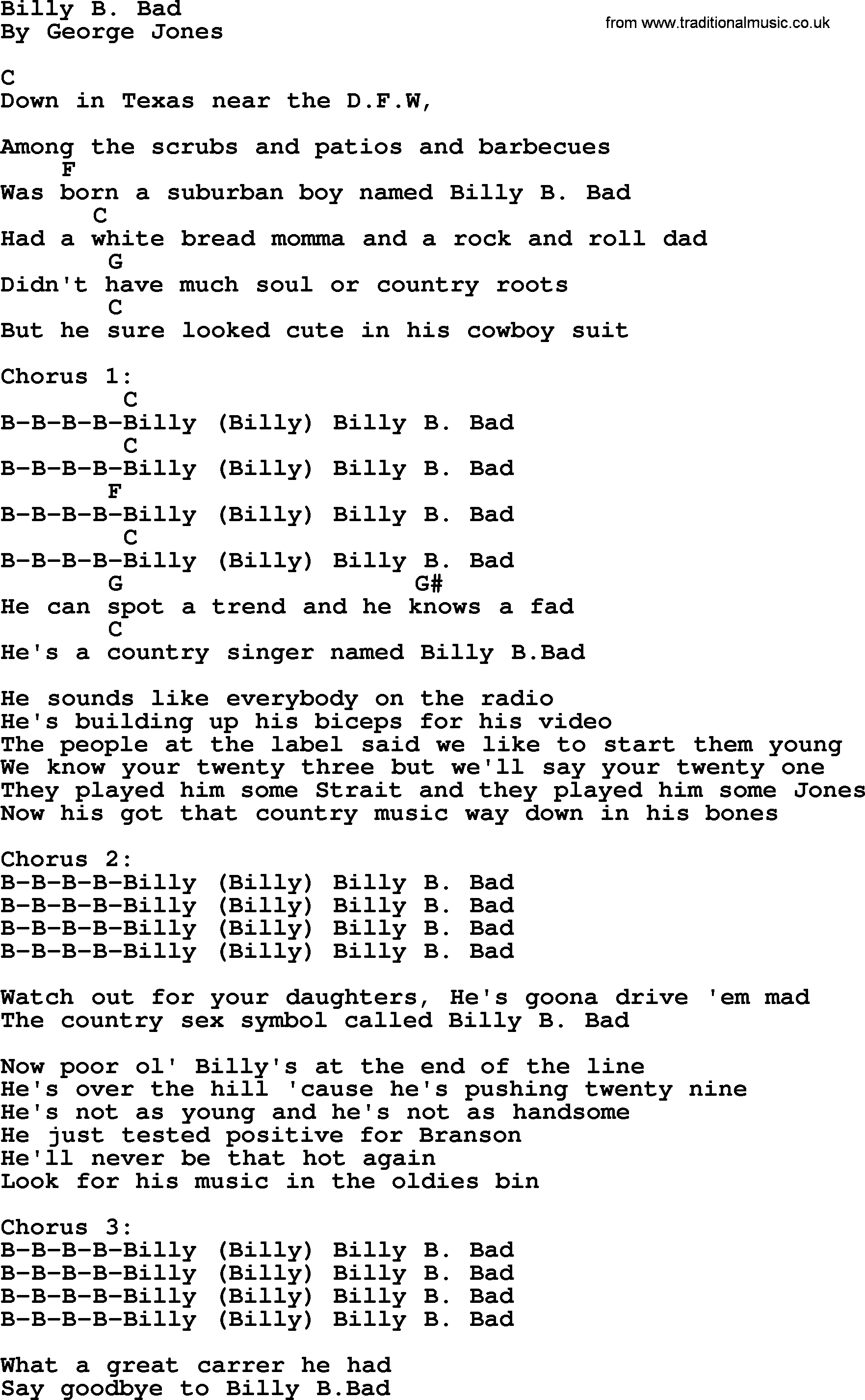George Jones song: Billy B. Bad, lyrics and chords