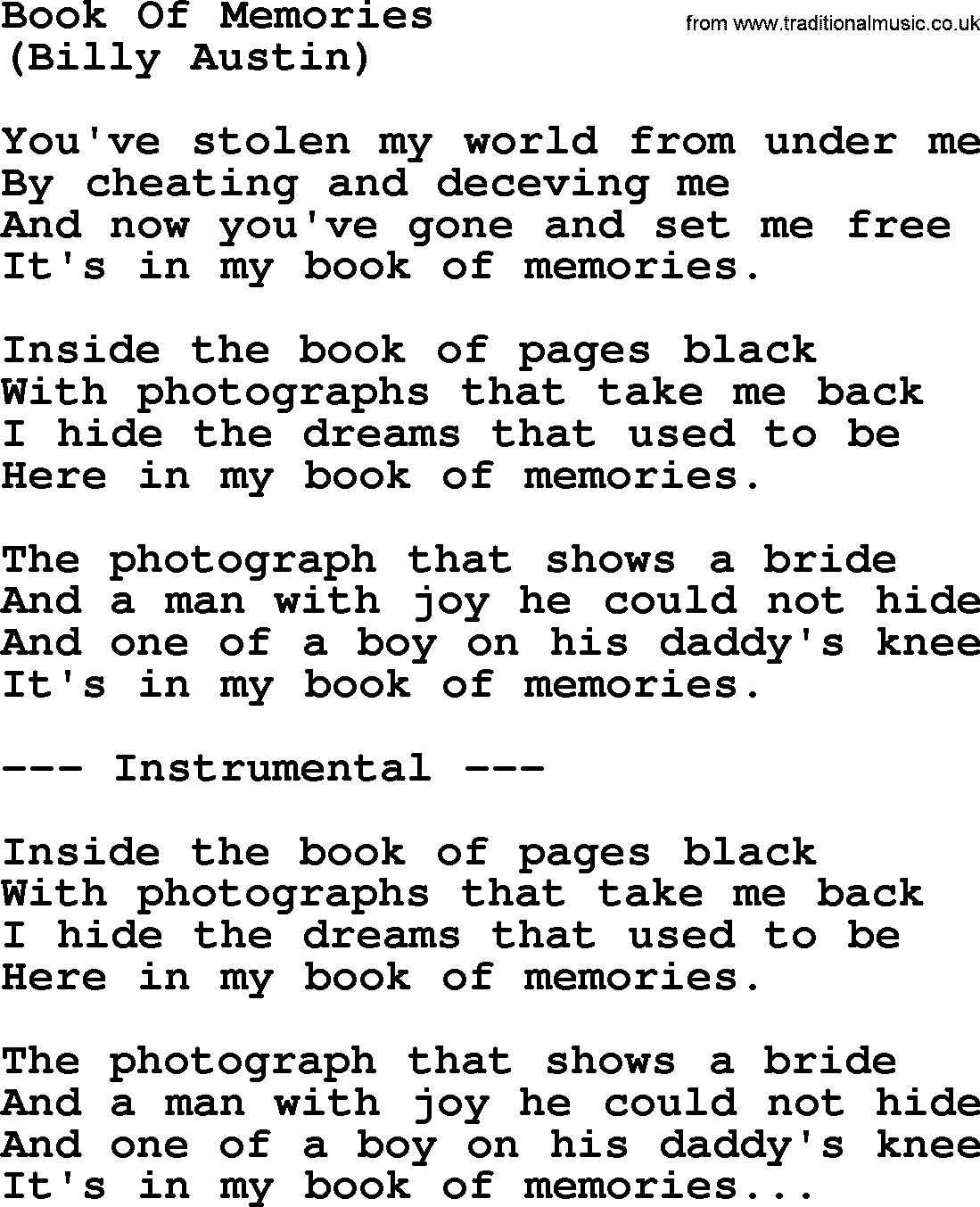 George Jones song: Book Of Memories, lyrics