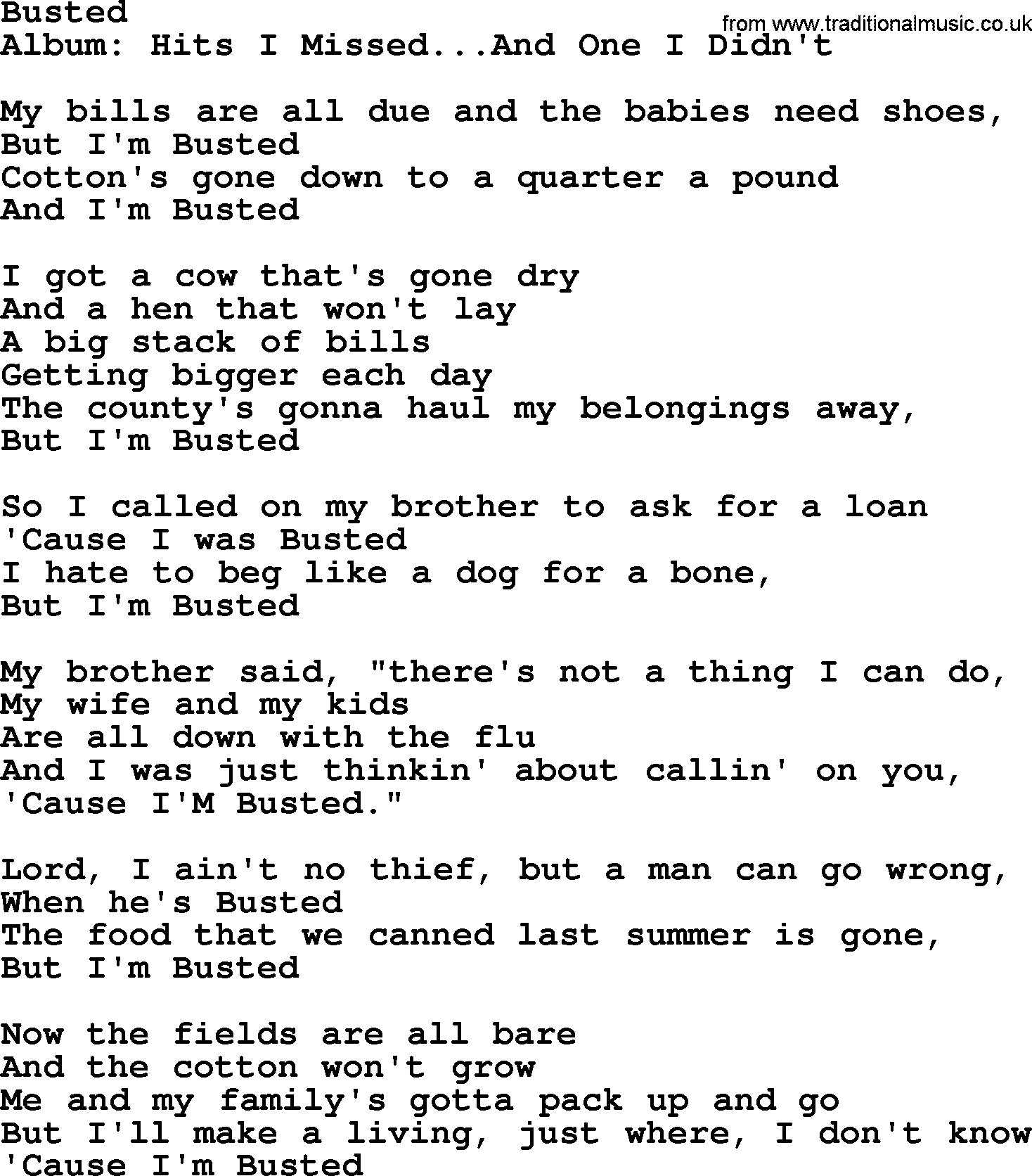 George Jones song: Busted, lyrics