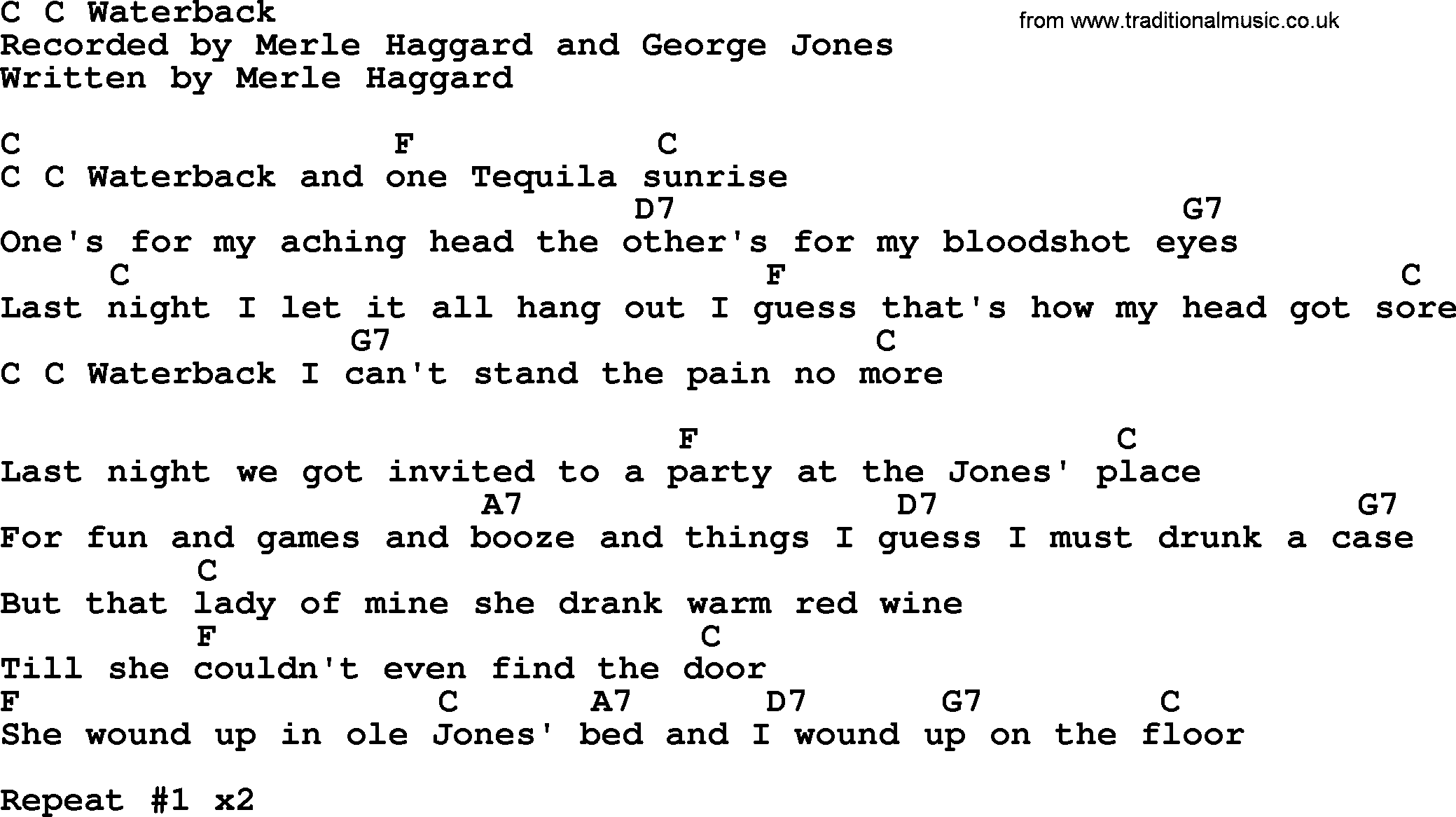 George Jones song: C C Waterback, lyrics and chords