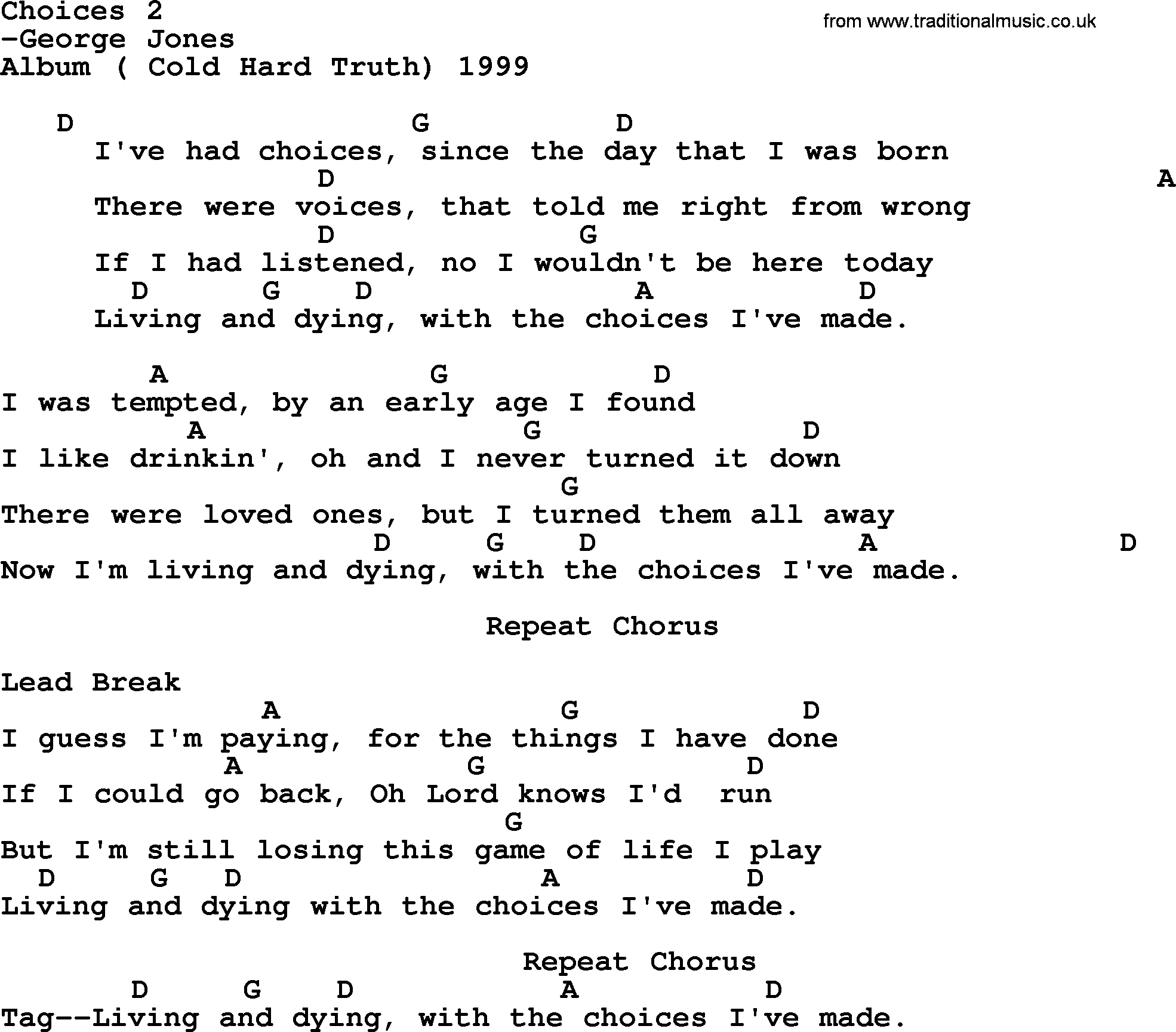 George Jones song: Choices 2, lyrics and chords
