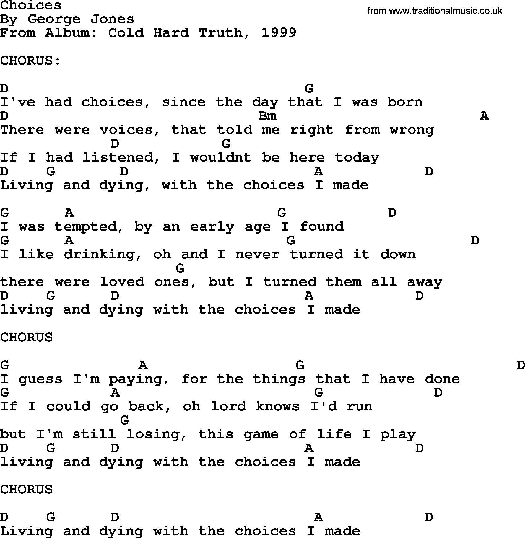 George Jones song: Choices, lyrics and chords