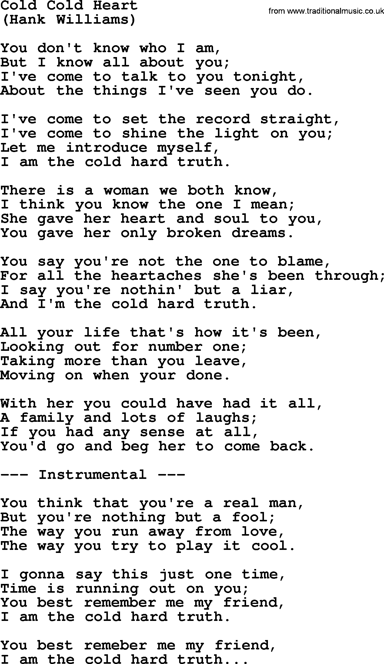 George Jones song: Cold Cold Heart, lyrics
