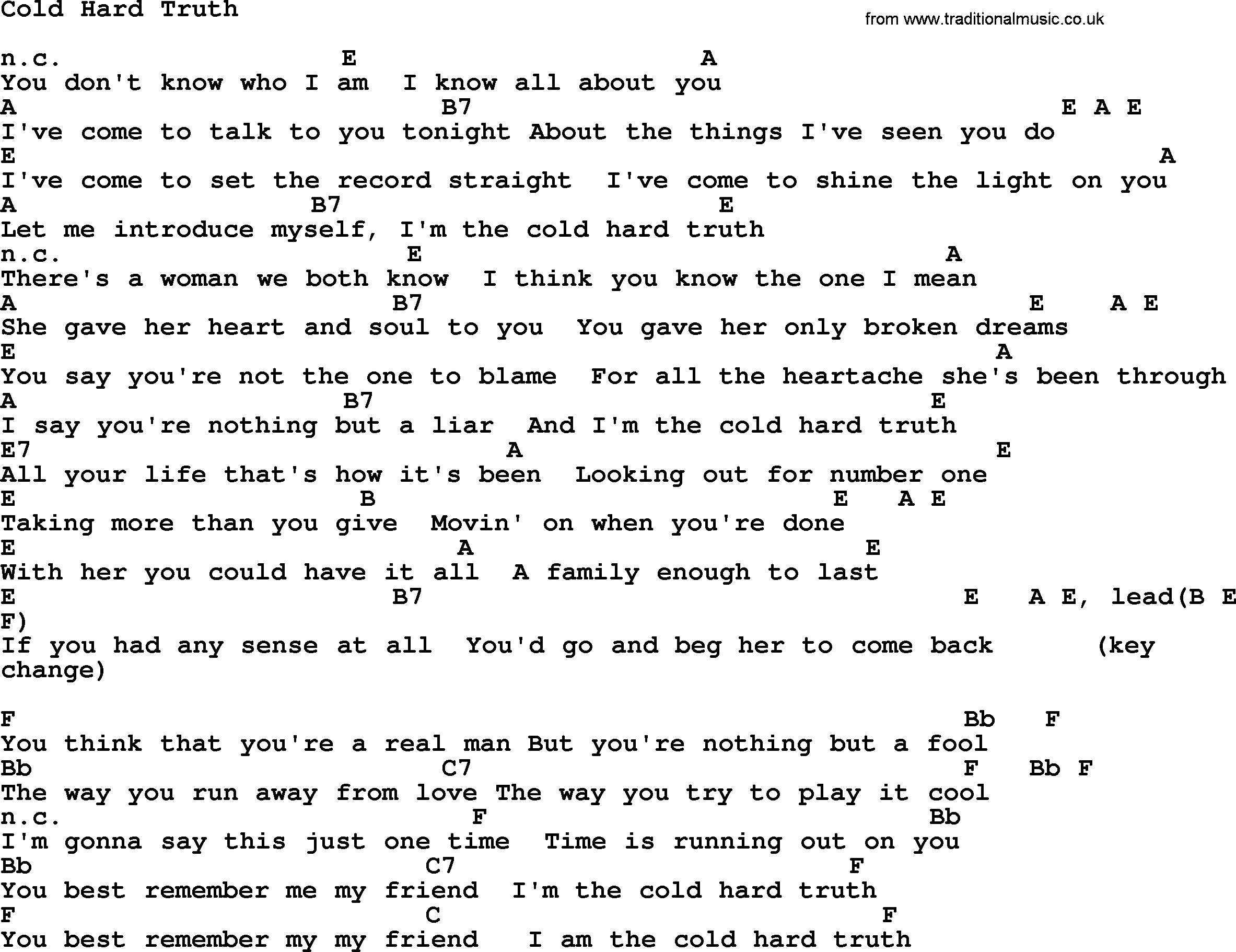 George Jones song: Cold Hard Truth, lyrics and chords