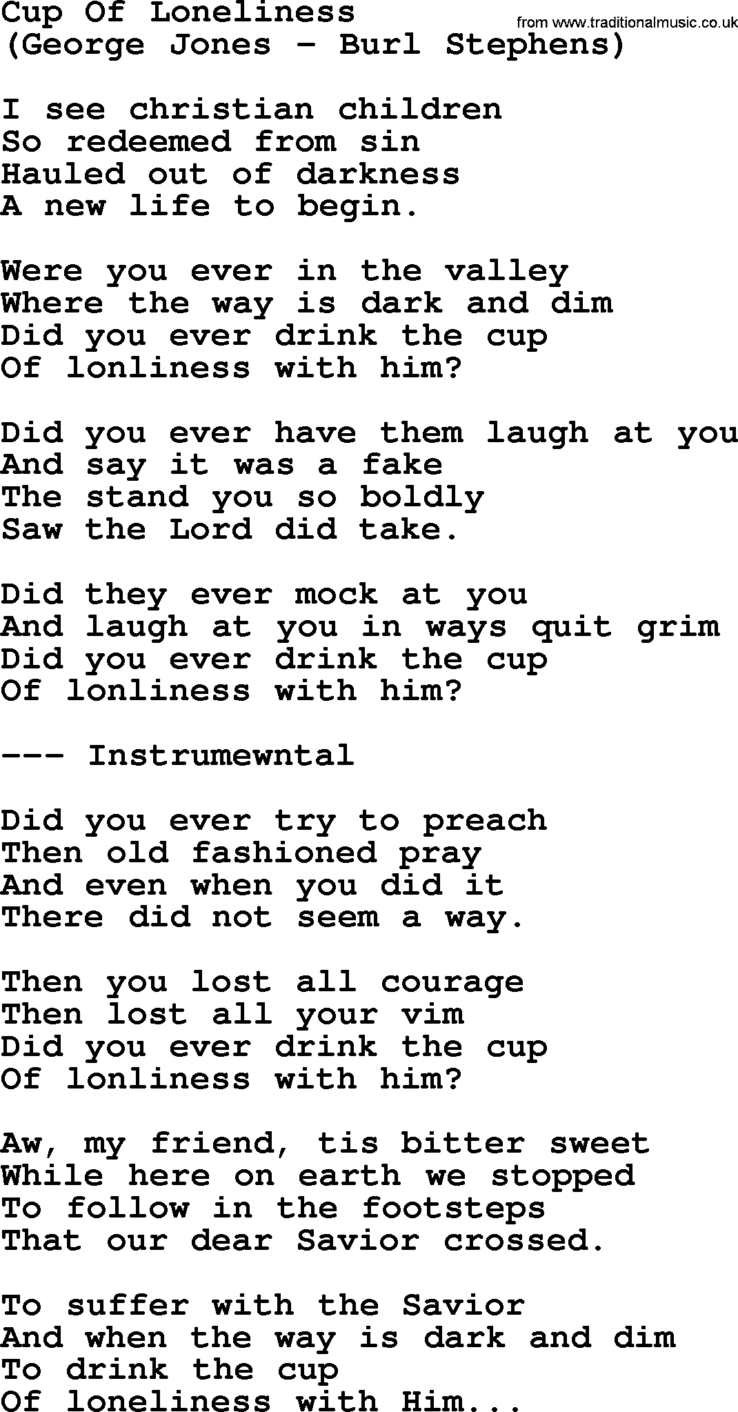 George Jones song: Cup Of Loneliness, lyrics