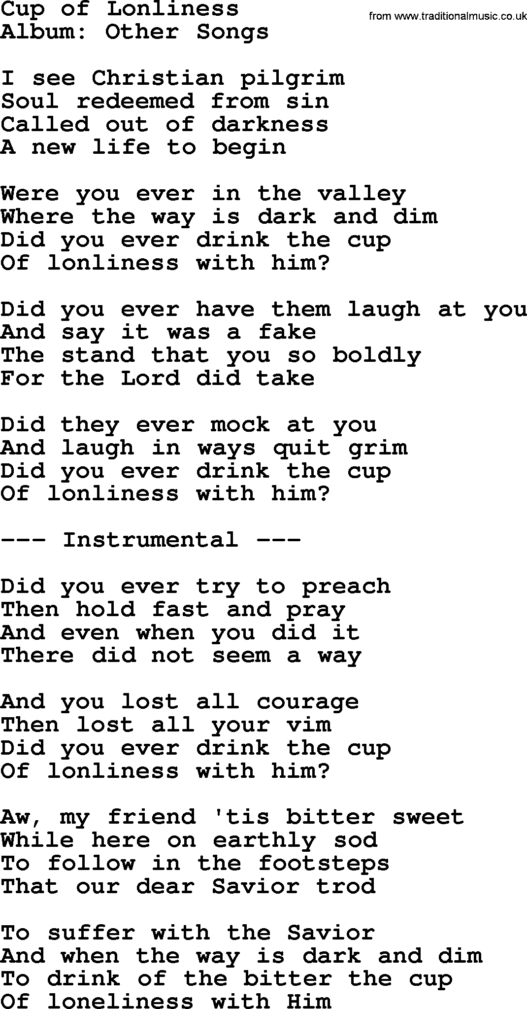 George Jones song: Cup Of Lonliness, lyrics