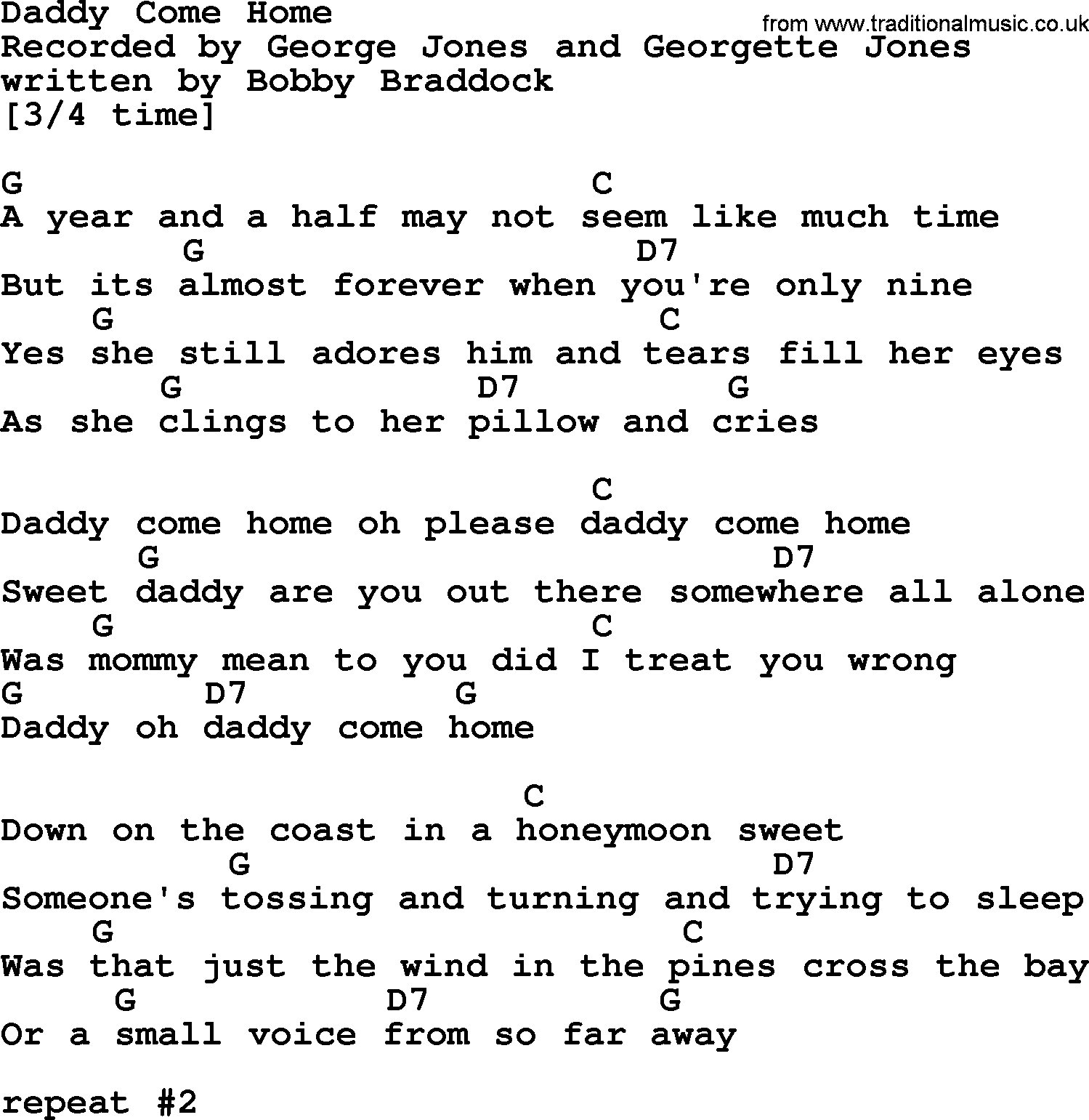 George Jones song: Daddy Come Home, lyrics and chords