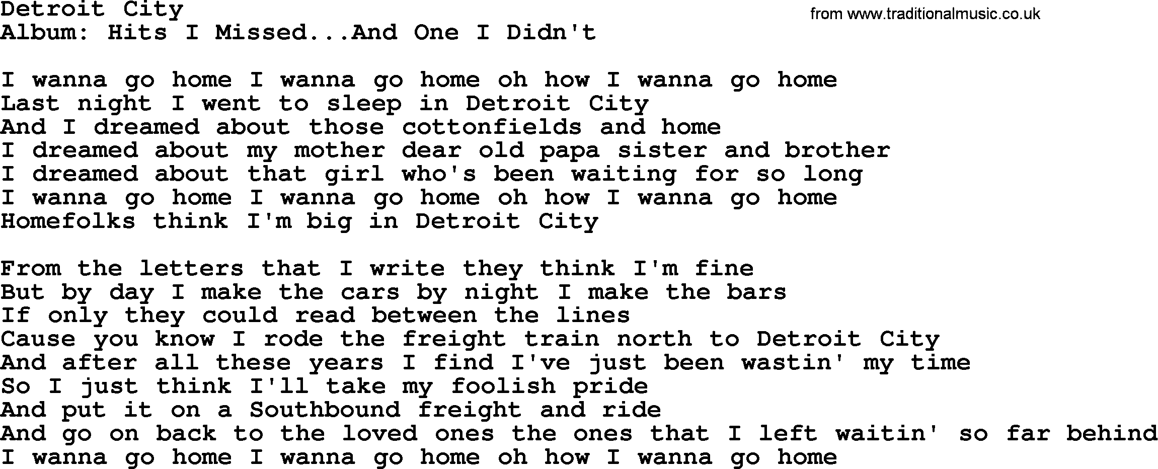 George Jones song: Detroit City, lyrics
