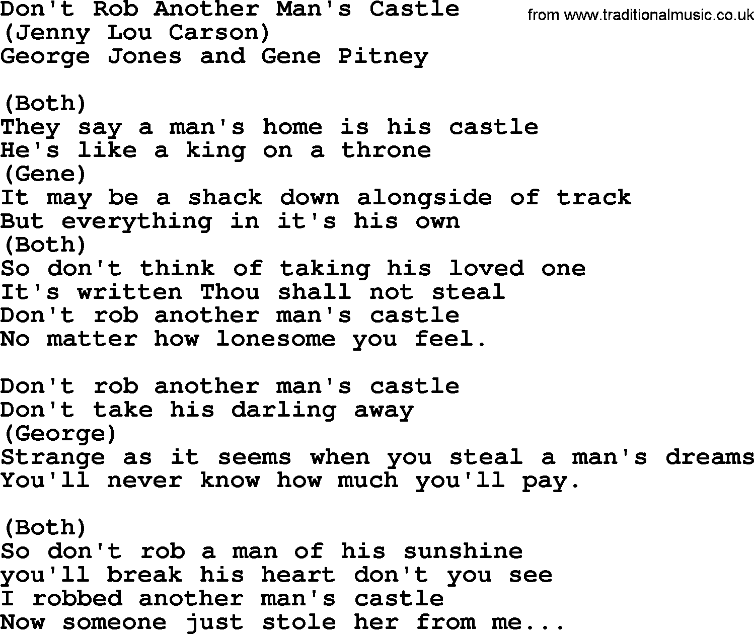 George Jones song: Don't Rob Another Man's Castle, lyrics