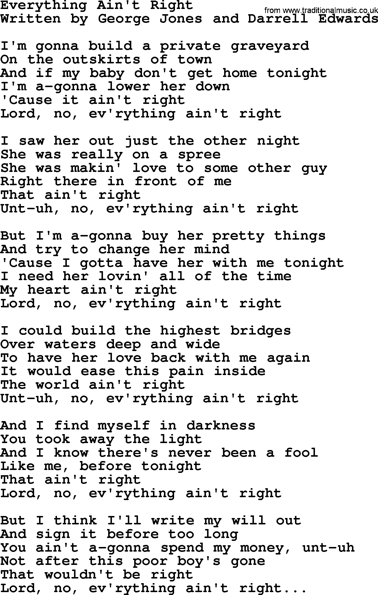 George Jones song: Everything Ain't Right, lyrics