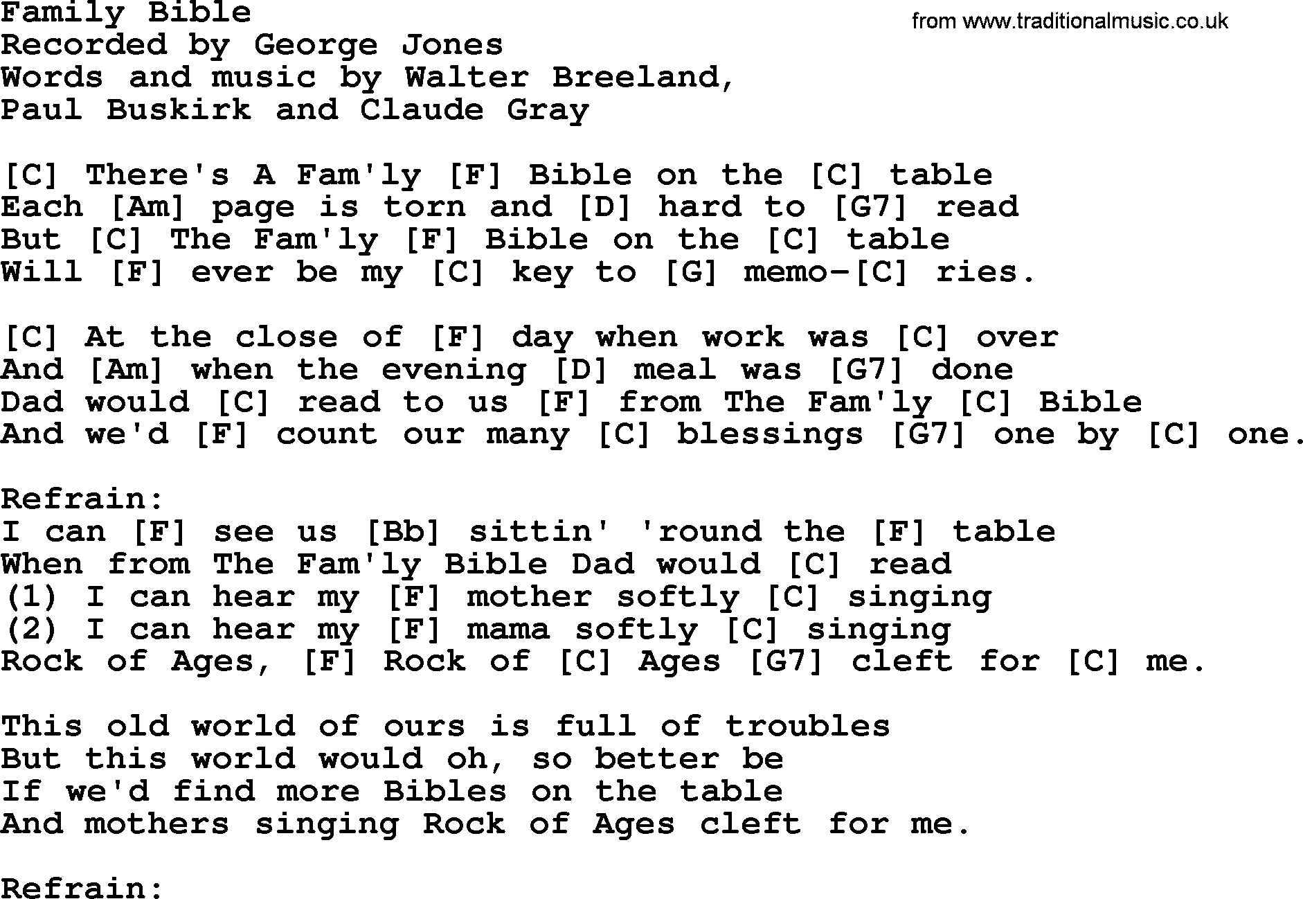 George Jones song: Family Bible, lyrics and chords