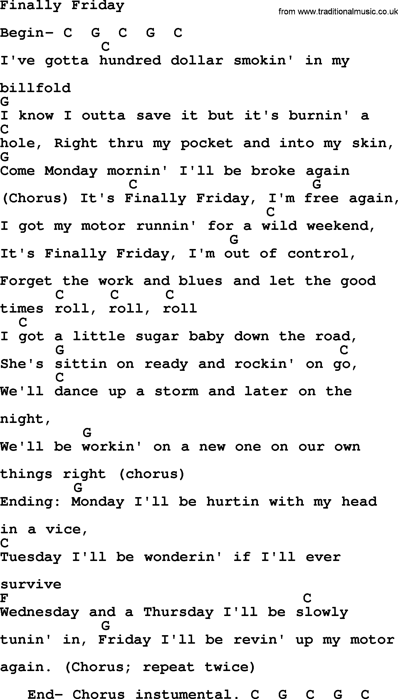 George Jones song: Finally Friday, lyrics and chords
