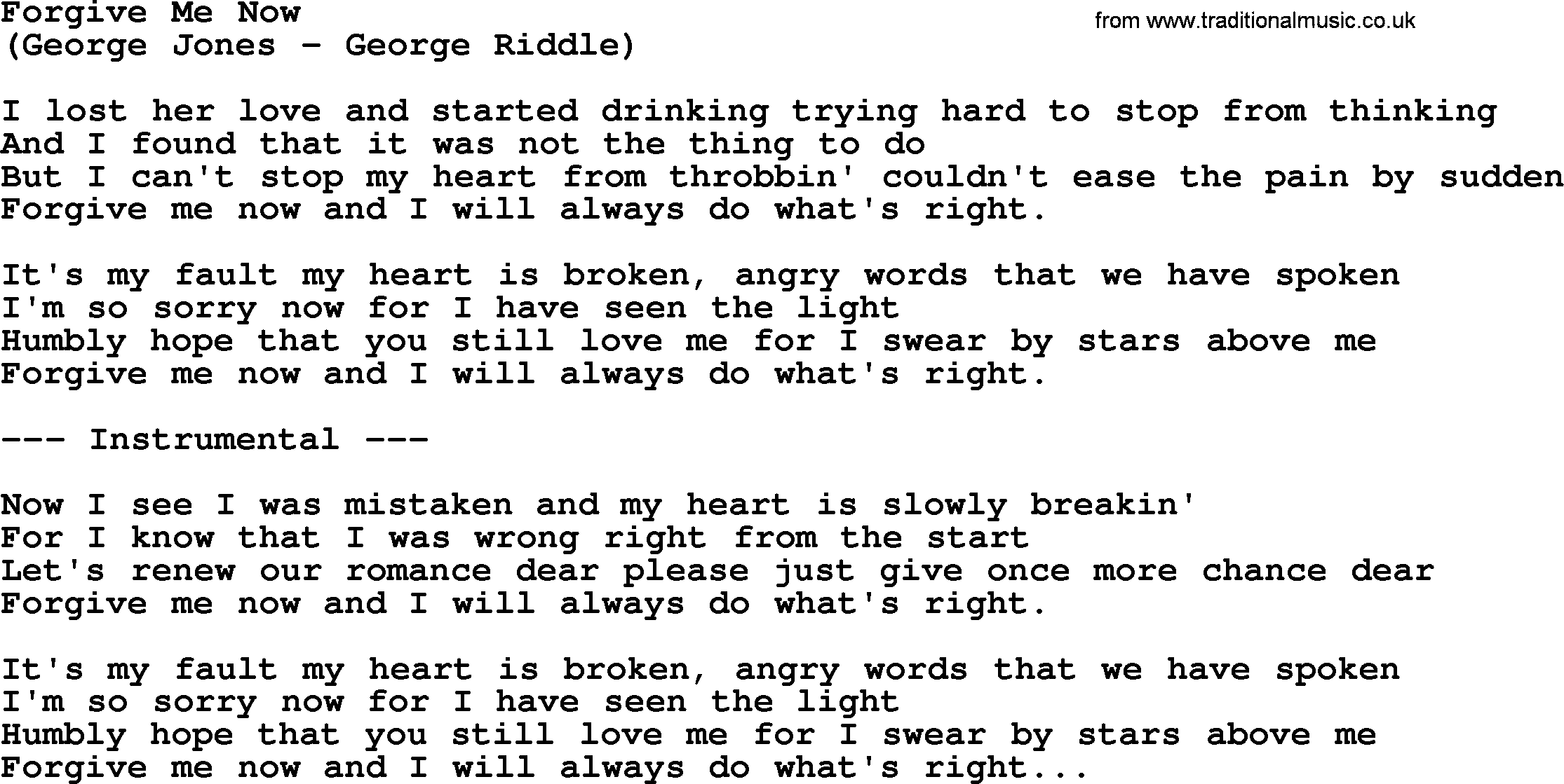 George Jones song: Forgive Me Now, lyrics