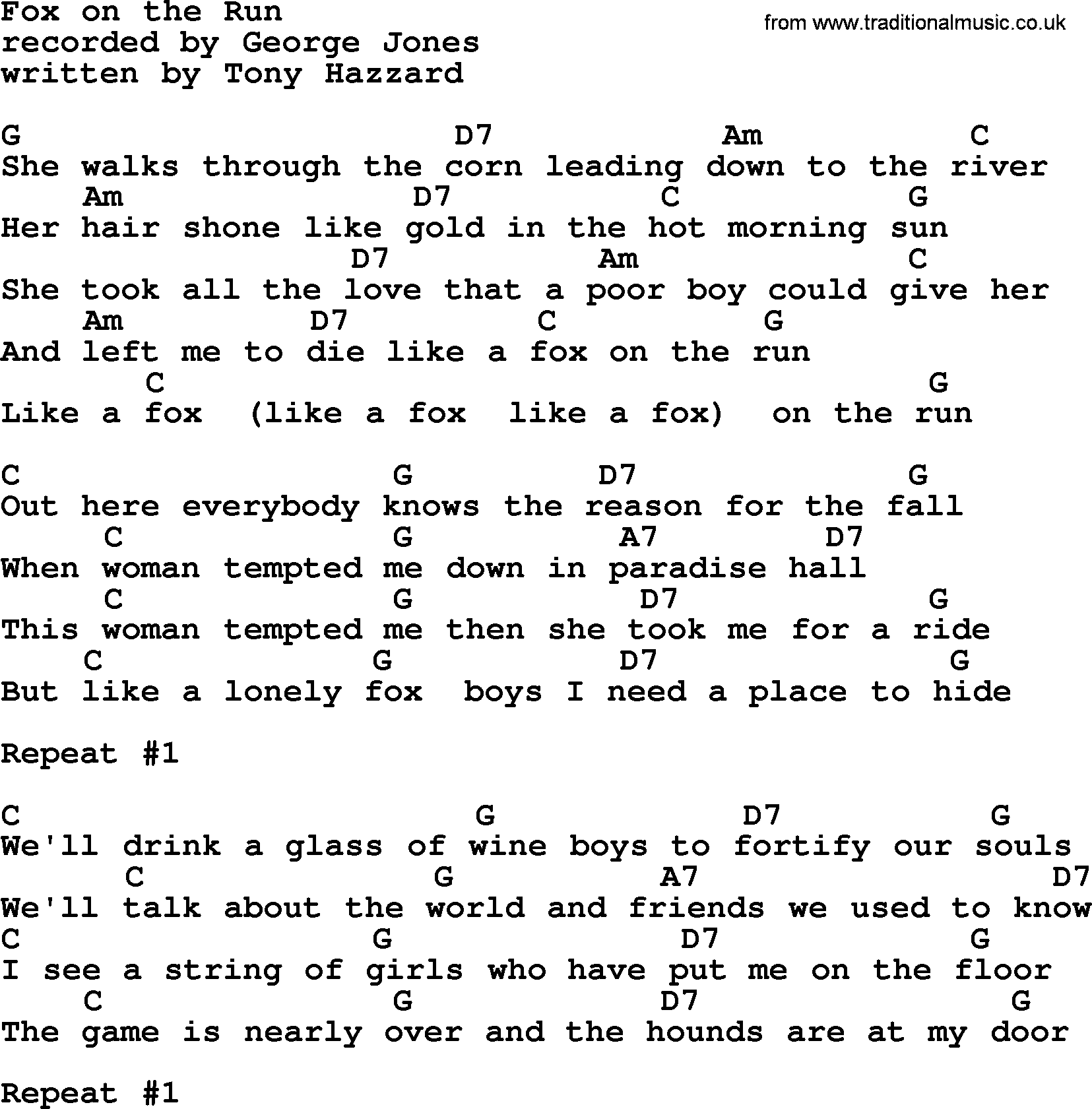 George Jones song: Fox On The Run, lyrics and chords